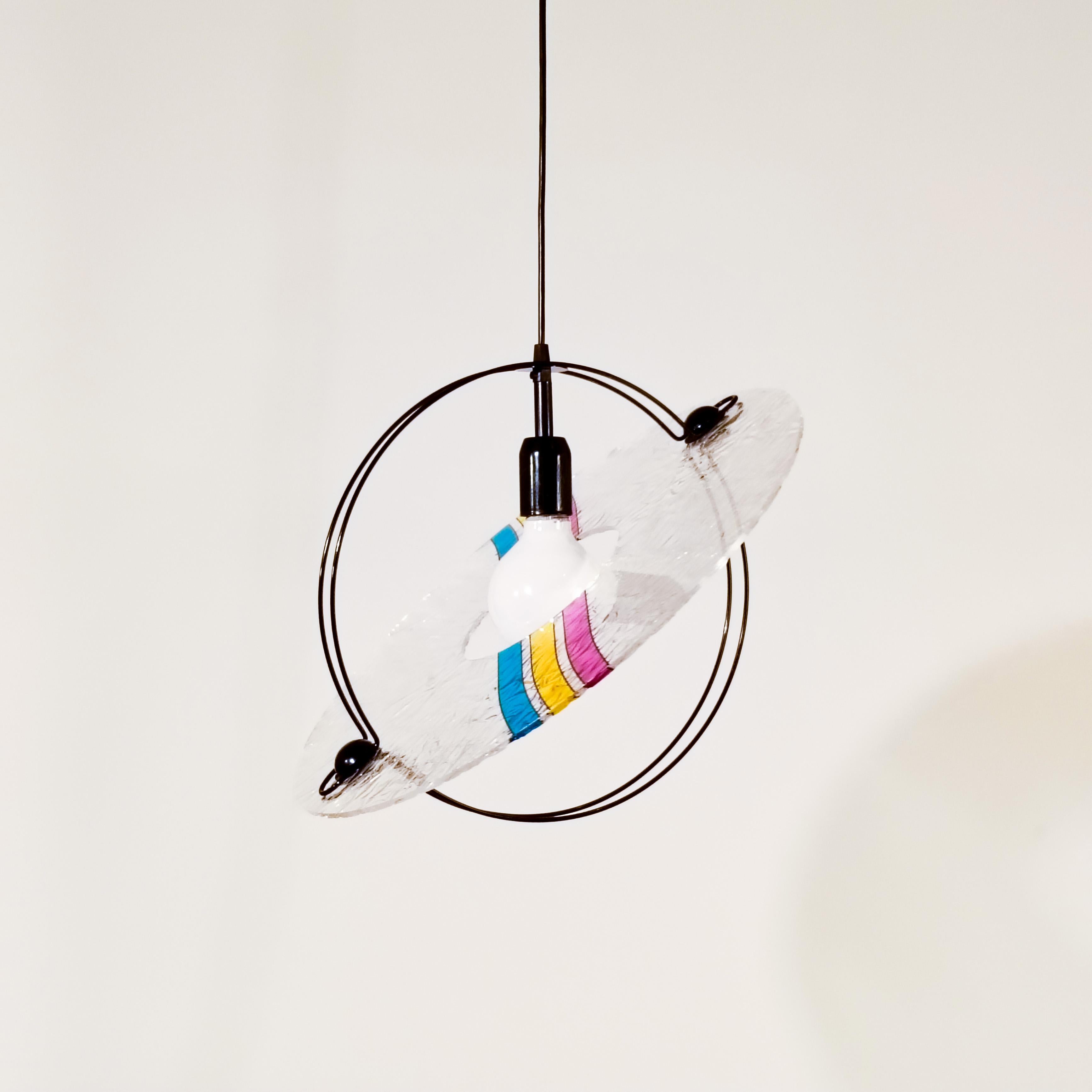 Italiano Toffoli. 1 of 2 Memphis and Pop Art style pendant lamp, Italy, 1980s. in vendita