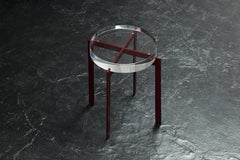 T of Top Side or Bedside Table, Round Acrylic Top, Metal Base, Red, Black Modern
