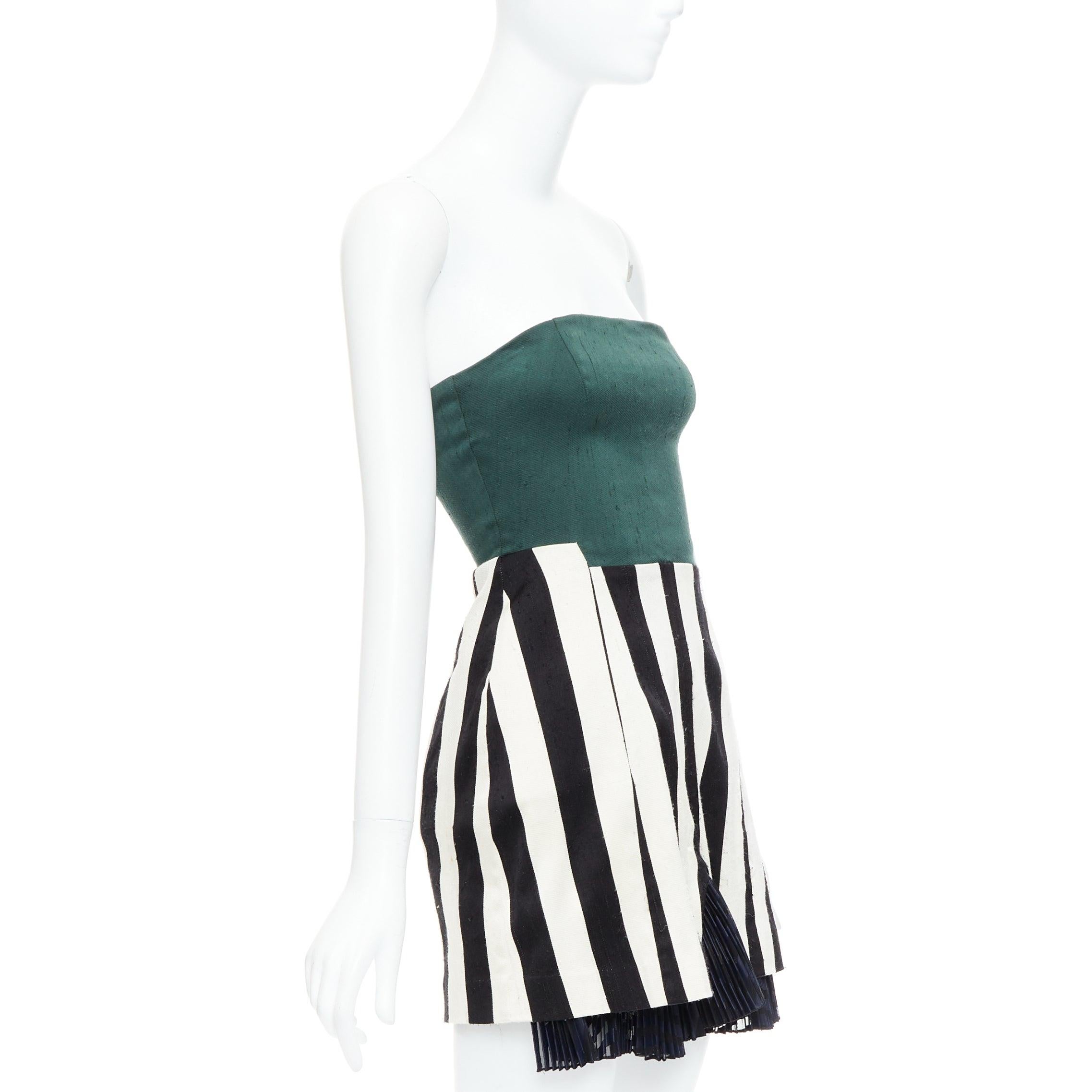 Black TOGA ARCHIVES green black white silk blend striped strapless mini dress JP1 S For Sale