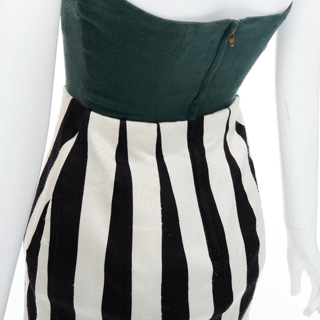 TOGA ARCHIVES green black white silk blend striped strapless mini dress JP1 S For Sale 2