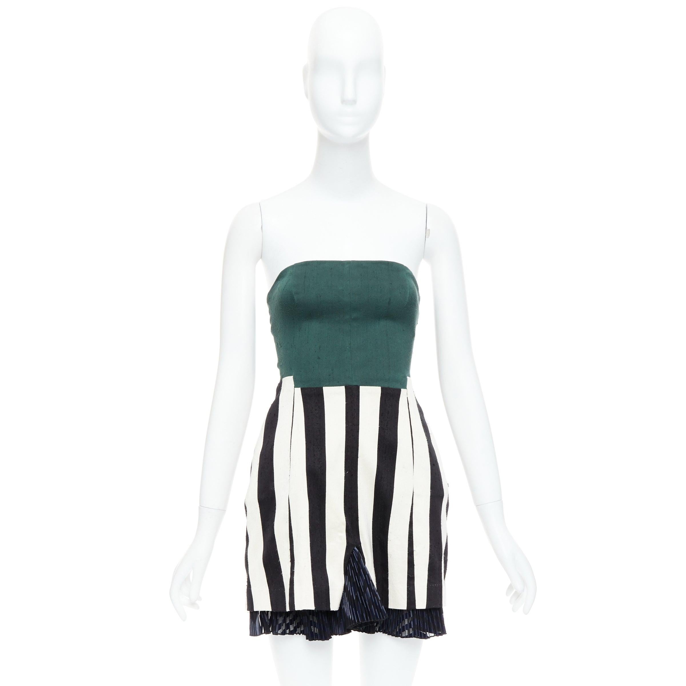 TOGA ARCHIVES green black white silk blend striped strapless mini dress JP1 S For Sale 4