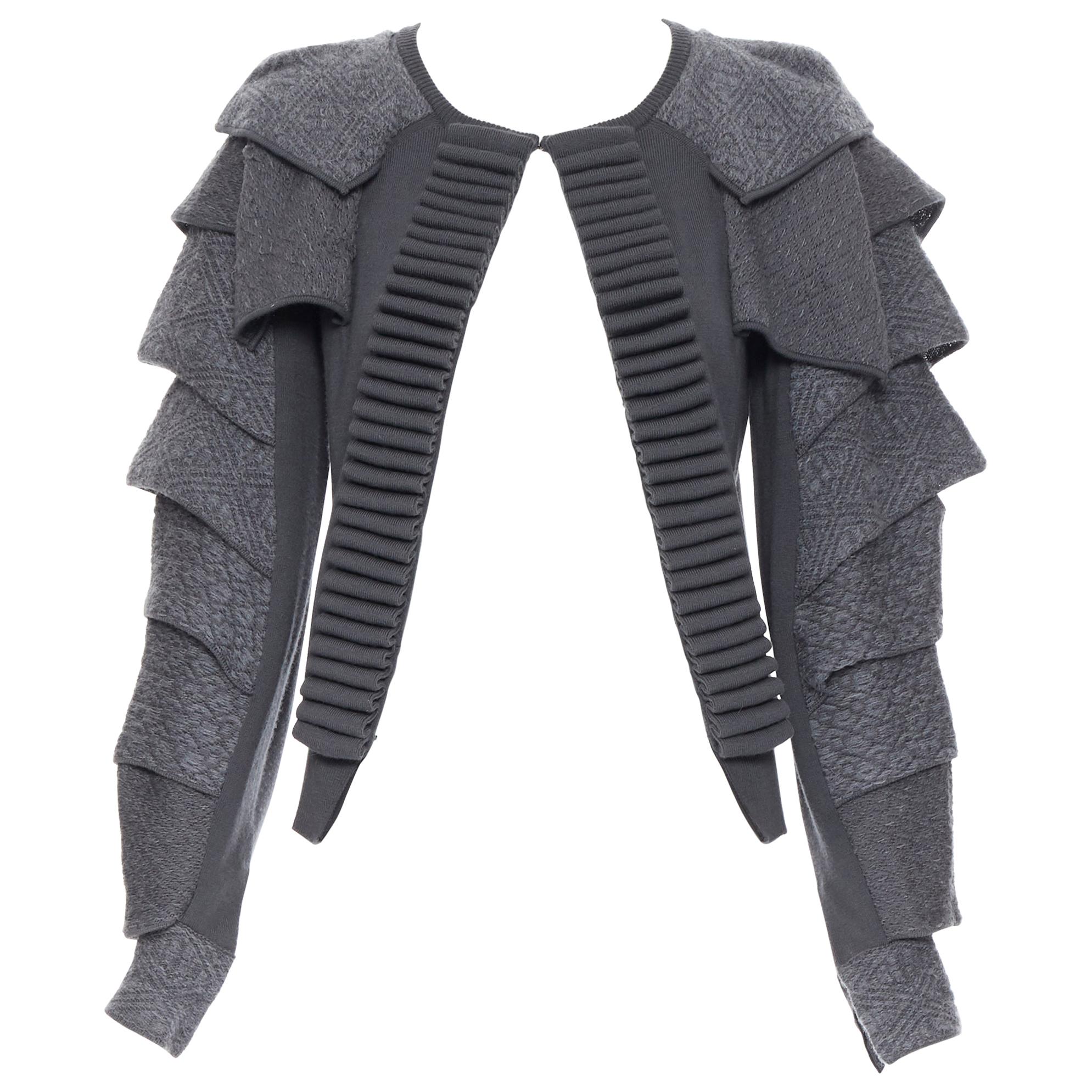 TOGA ARCHIVES grey wool knitted armour petal sleeves ribbed cardigan sweater JP1