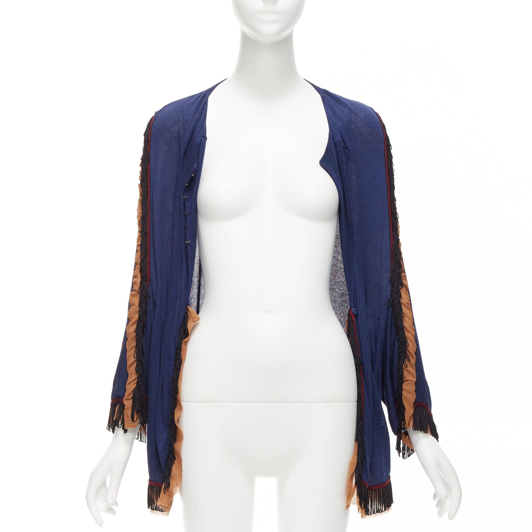 TOGA ARCHIVES navy brown black loop fringe ruffle sheer cardigan In Good Condition For Sale In Hong Kong, NT