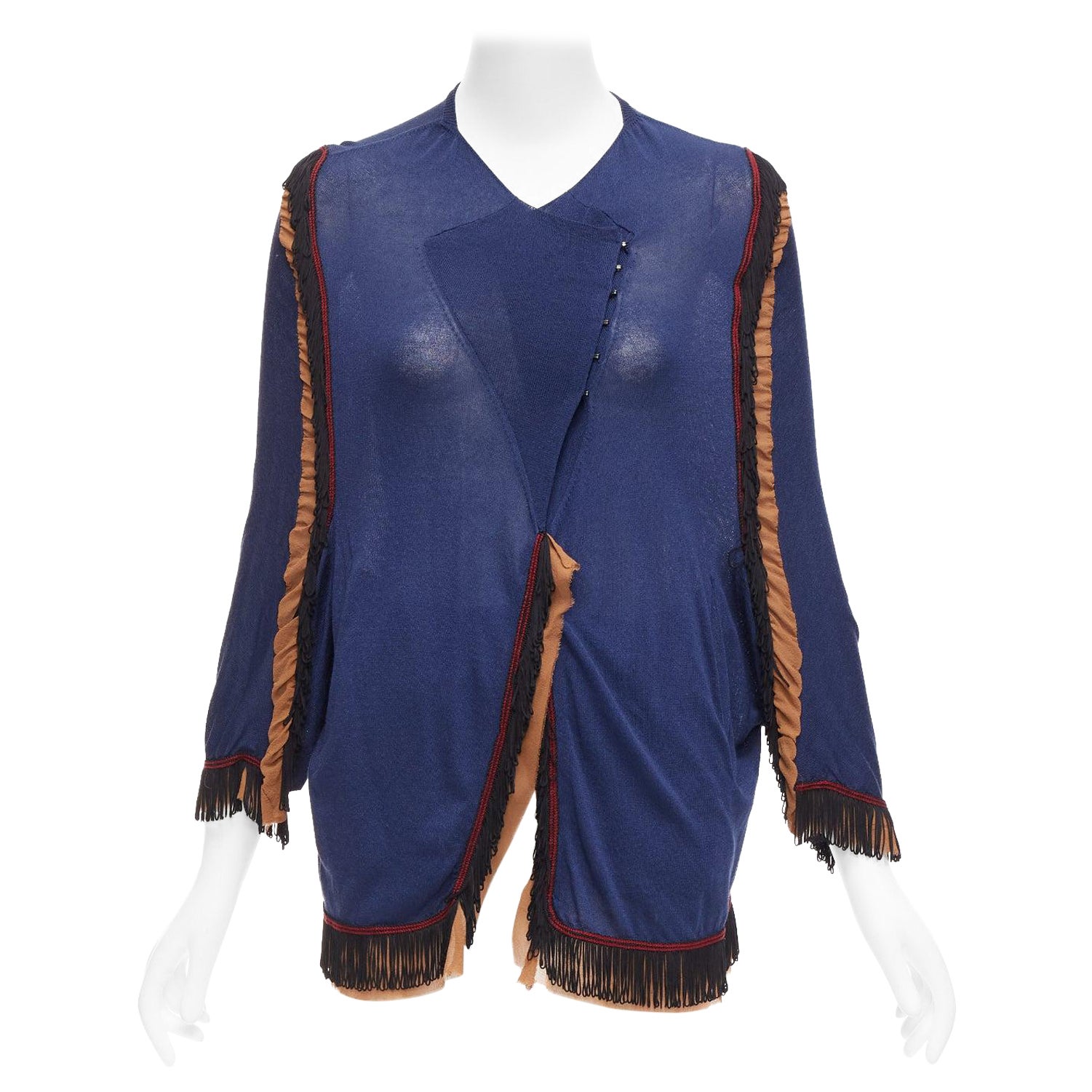 TOGA ARCHIVES marinebraune schwarze Fransen-Rüschen-Strickjacke mit Schleife