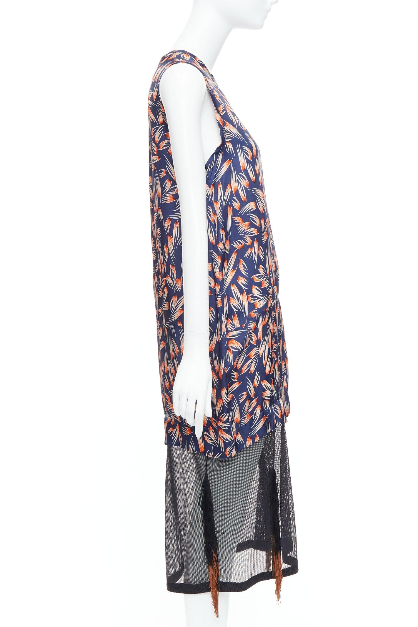 TOGA ARCHIVES orange navy tropical print sheer fringe hem dress FR36 S In Excellent Condition For Sale In Hong Kong, NT