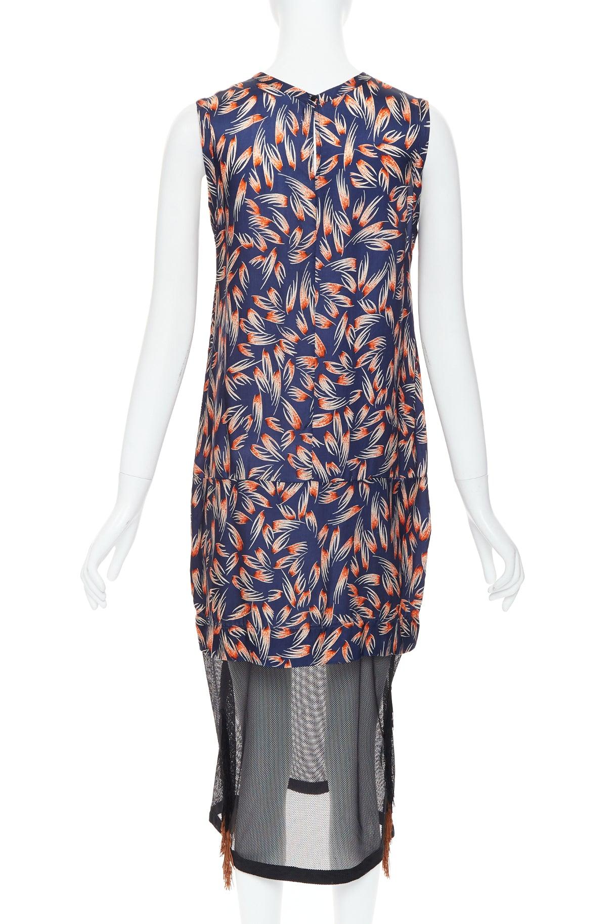 Women's TOGA ARCHIVES orange navy tropical print sheer fringe hem dress FR36 S For Sale