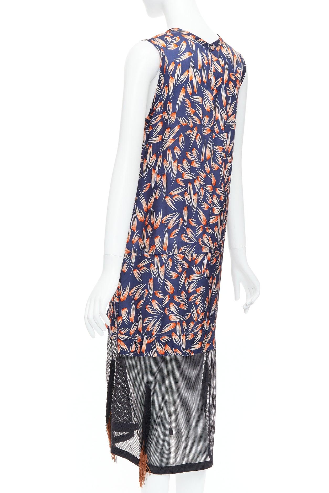 TOGA ARCHIVES orange navy tropical print sheer fringe hem dress FR36 S For Sale 1