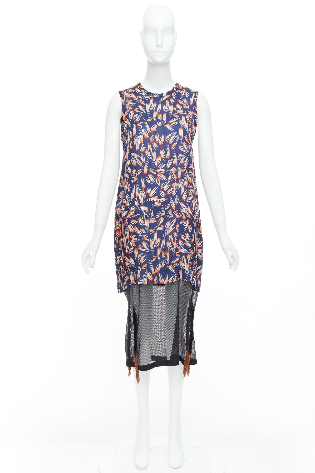 TOGA ARCHIVES orange navy tropical print sheer fringe hem dress FR36 S For Sale 4