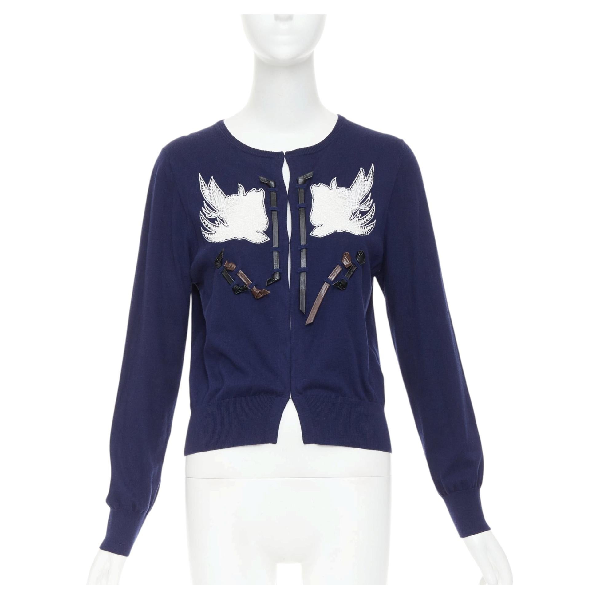 TOGA ARCHIVES PULLA Swallow Anglais navy cotton black leather trim cardigan IT40
