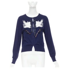 TOGA ARCHIVES PULLA Swallow Anglais navy cotton black leather trim cardigan IT40