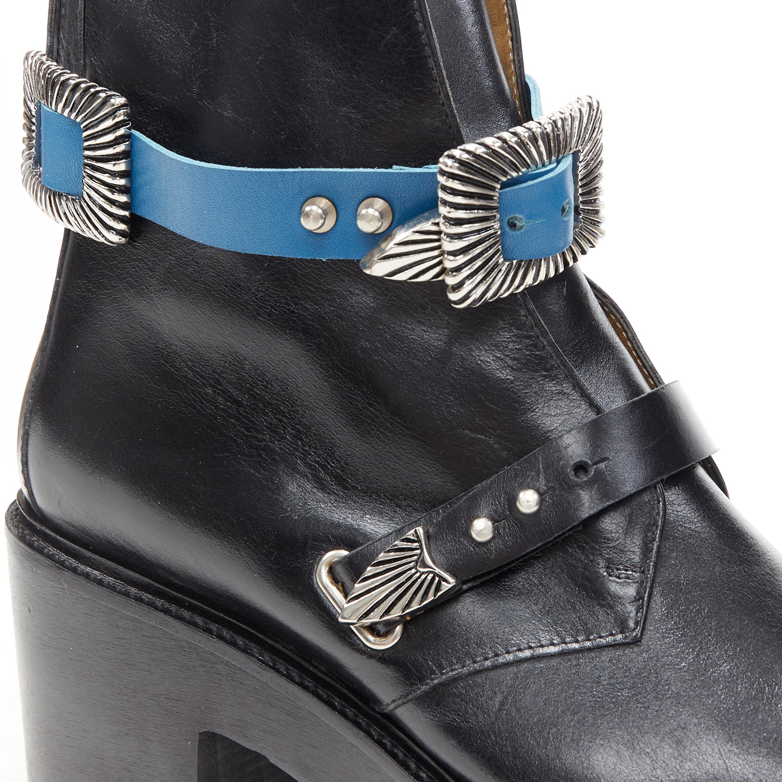 TOGA PULLA black leather western silver buckle blue platform ankle bootie EU38 1