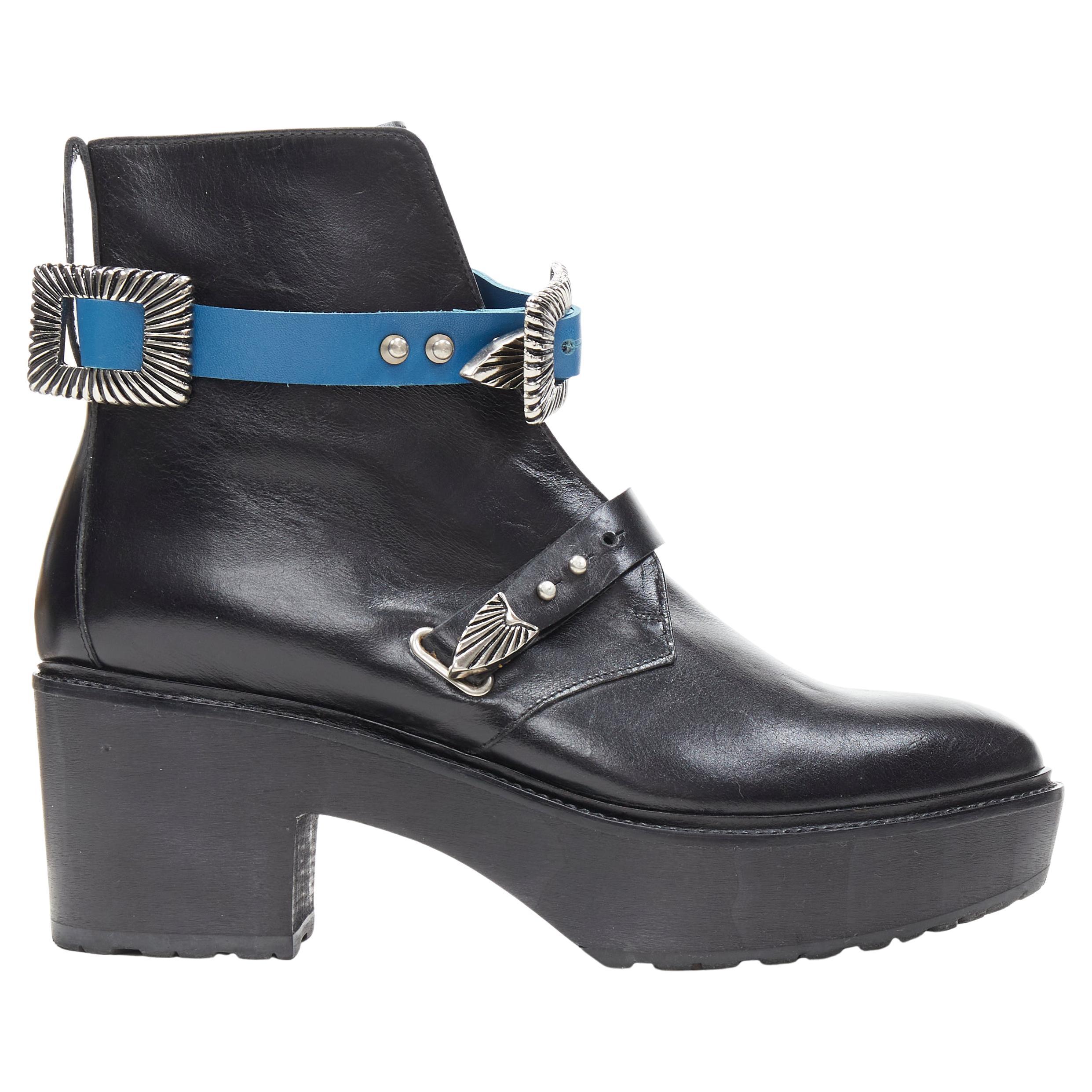 TOGA PULLA black leather western silver buckle blue platform ankle bootie EU38