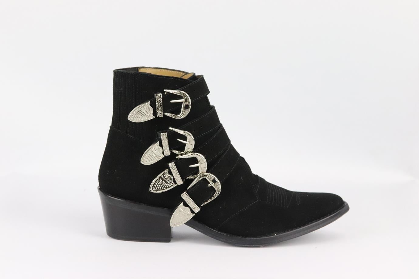 Toga Pulla buckled suede ankle boots. Black. Buckle fastening at side. Does not come with dustbag and box. Size: EU 39 (UK 6, US 9). Insole: 10.4 in. Shaft: 5 in. Heel: 2 in. Very good condition - Light wear to soles; see pictures.