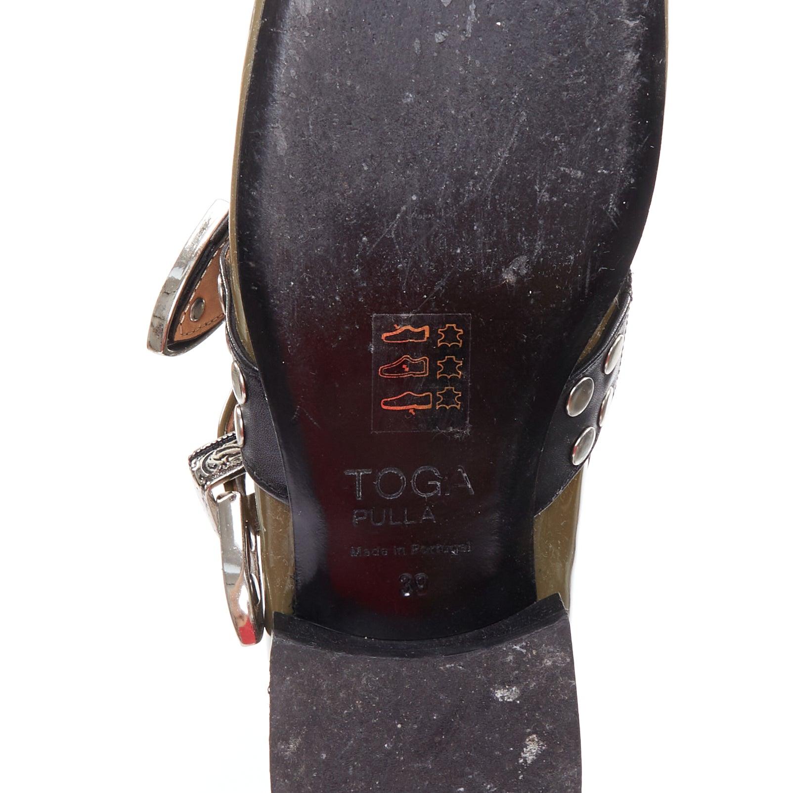 TOGA PULLA khaki green patent leather crystal embellished maryjane flat EU39 5