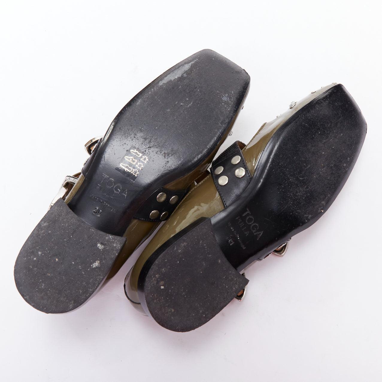TOGA PULLA khaki green patent leather crystal embellished maryjane flat EU39 6