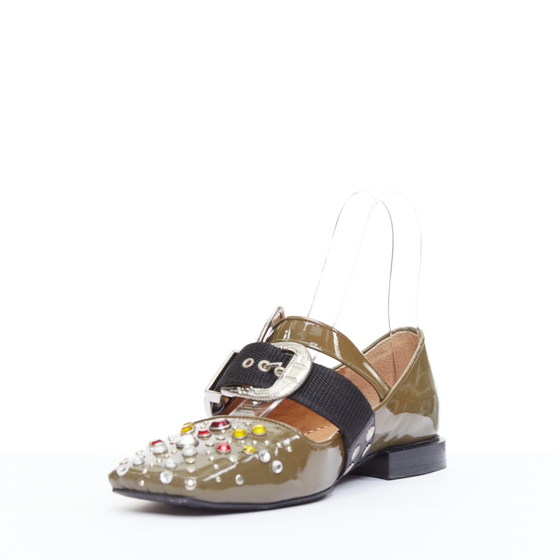 TOGA PULLA khaki green patent leather crystal embellished maryjane flat EU39 In Good Condition In Hong Kong, NT