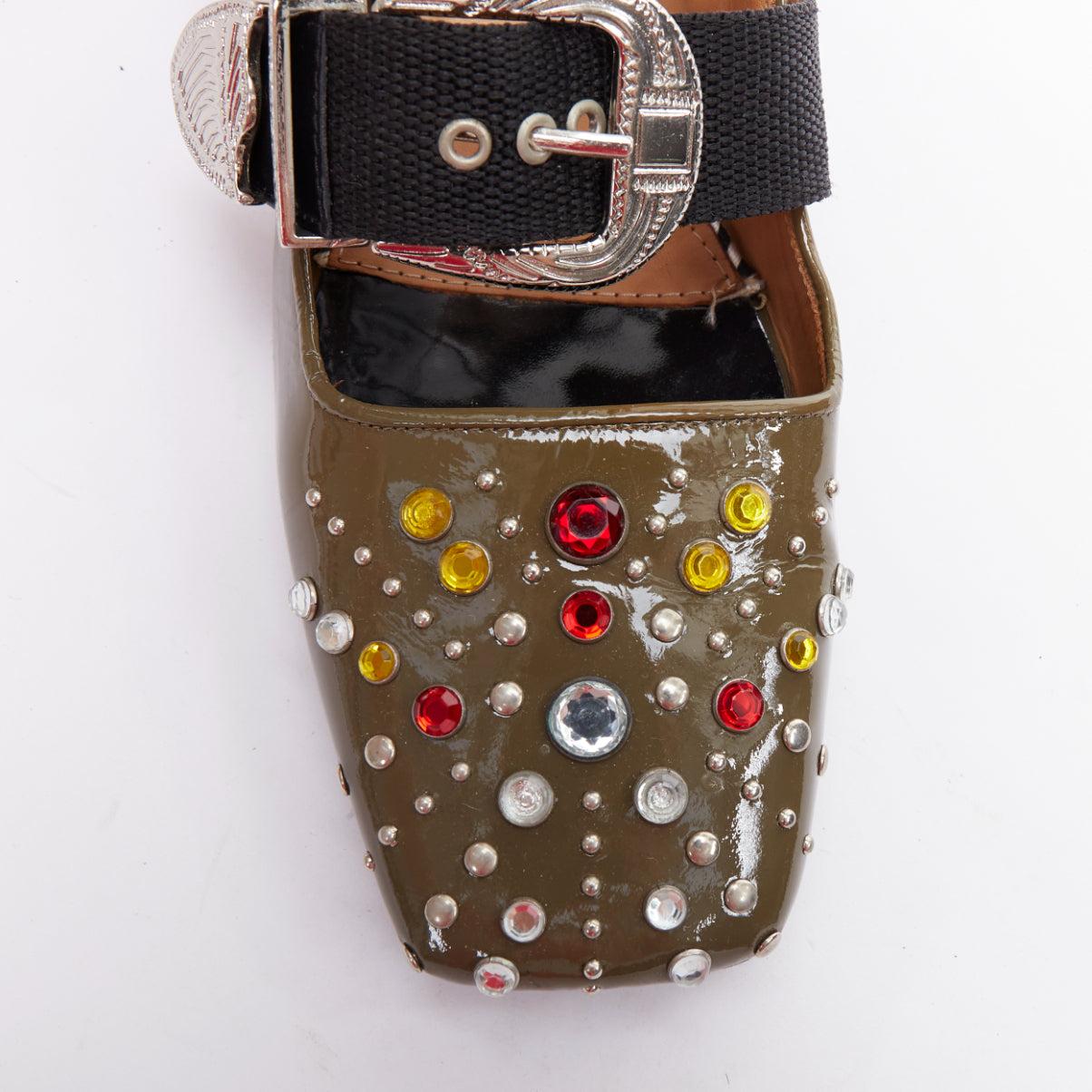 TOGA PULLA khaki green patent leather crystal embellished maryjane flat EU39 2
