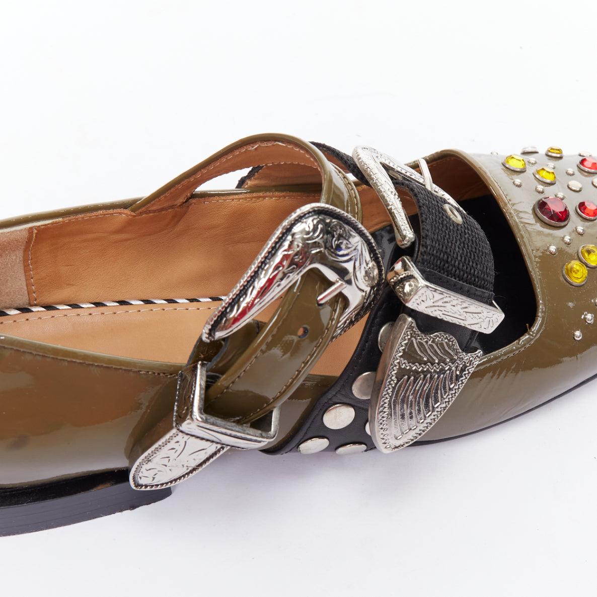 TOGA PULLA khaki green patent leather crystal embellished maryjane flat EU39 3