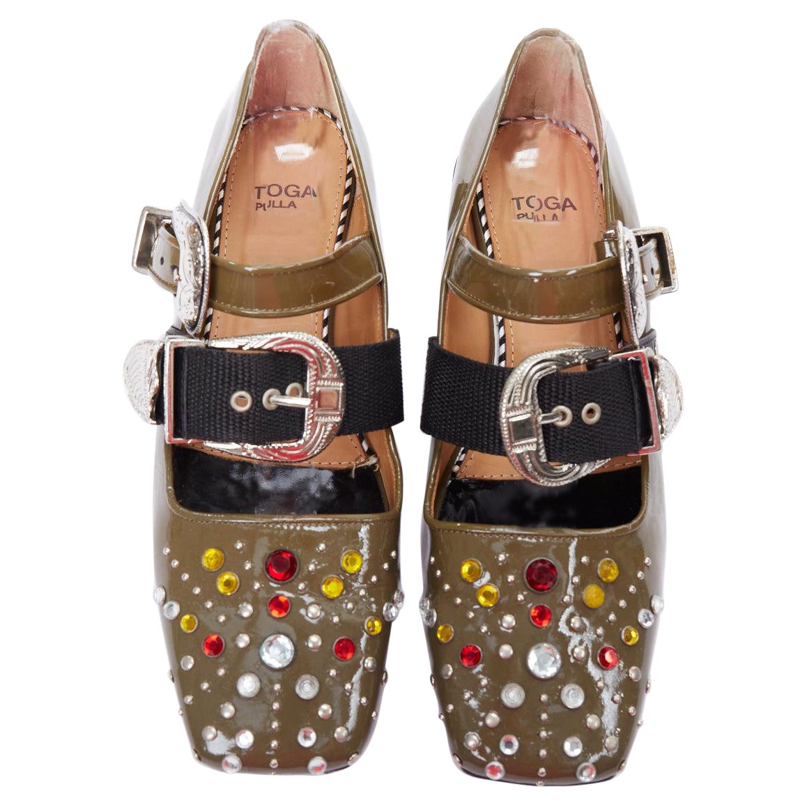 TOGA PULLA khaki green patent leather crystal embellished maryjane flat EU39