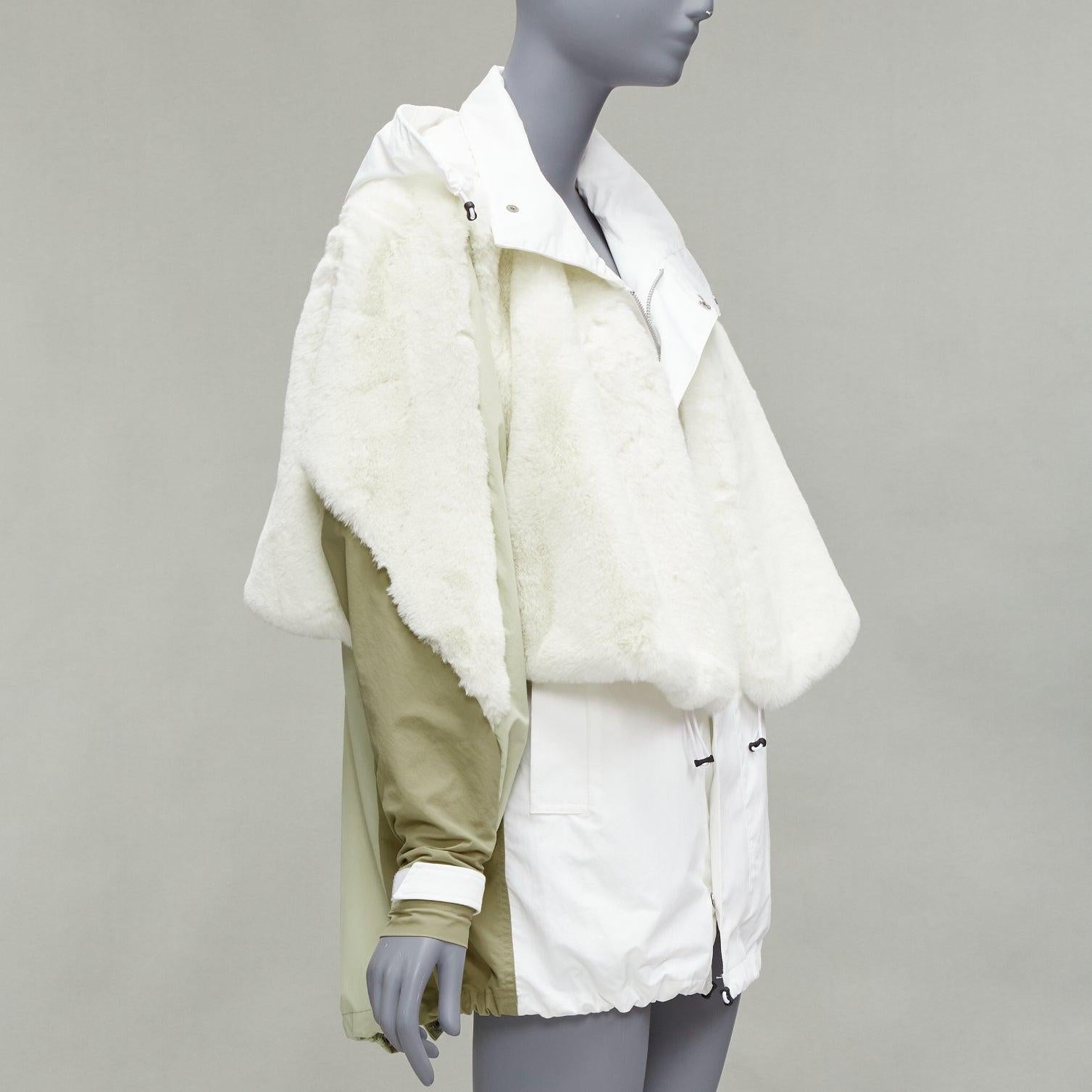 White TOGA PULLA white nylon cream faux fur layered deconstructed parka jacket FR36 S For Sale