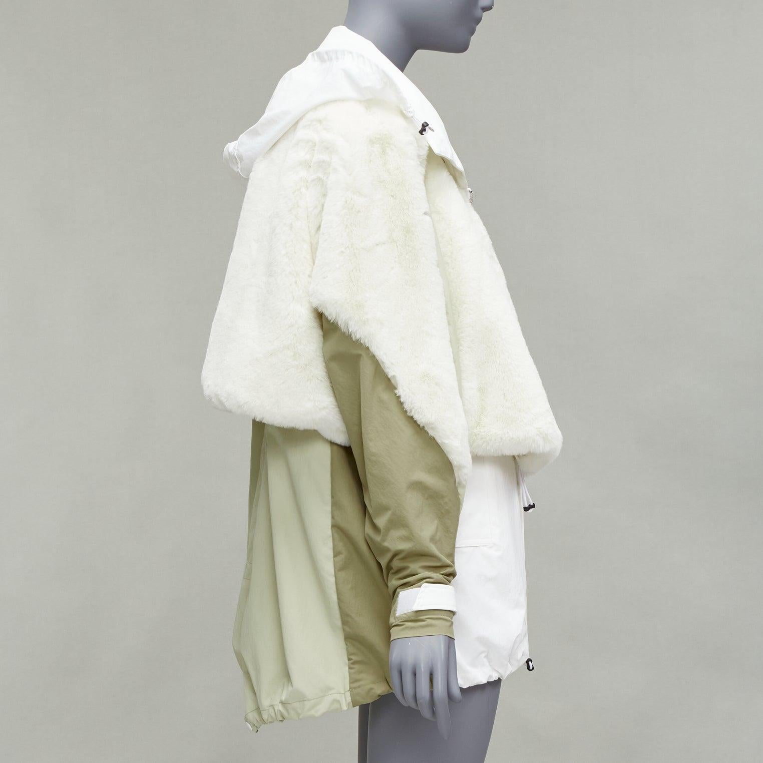 TOGA PULLA white nylon cream faux fur layered deconstructed parka jacket FR36 S In Good Condition For Sale In Hong Kong, NT