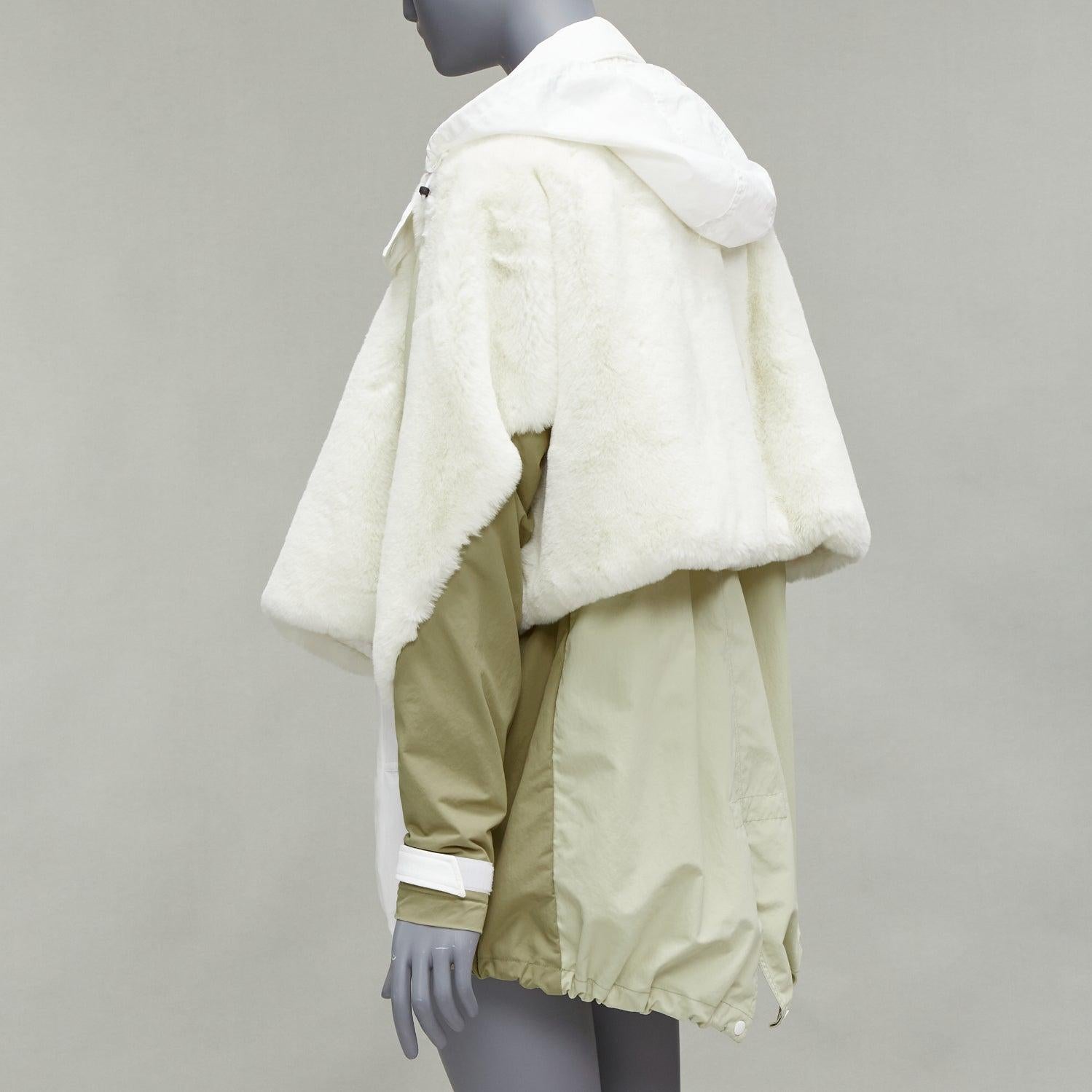 TOGA PULLA white nylon cream faux fur layered deconstructed parka jacket FR36 S For Sale 2