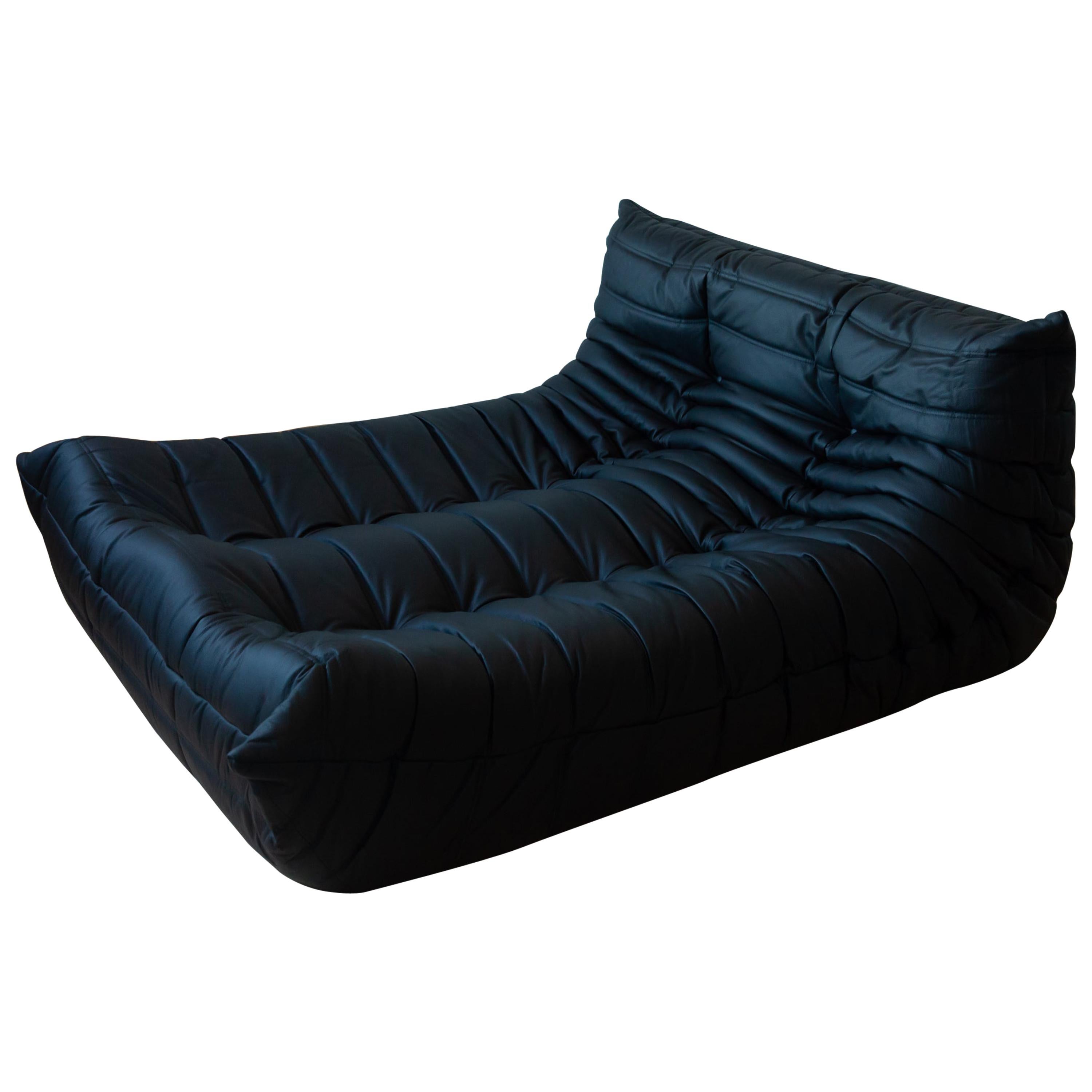Togo 2-Seat Longue Sofa in Black Leather by Michel Ducaroy for Ligne Roset For Sale