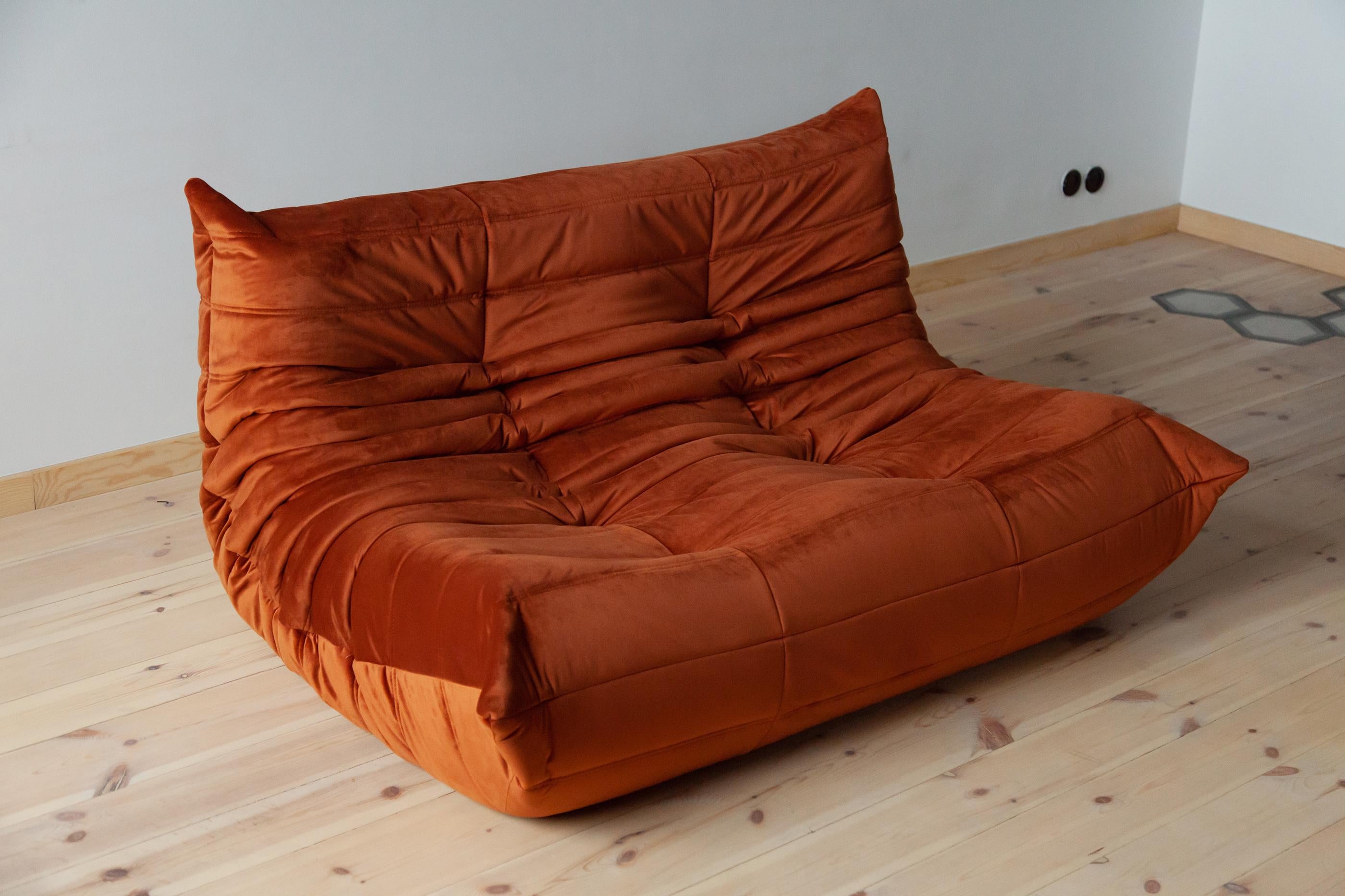 Togo 2-Seat Sofa in Amber Velvet by Michel Ducaroy for Ligne Roset For Sale 3