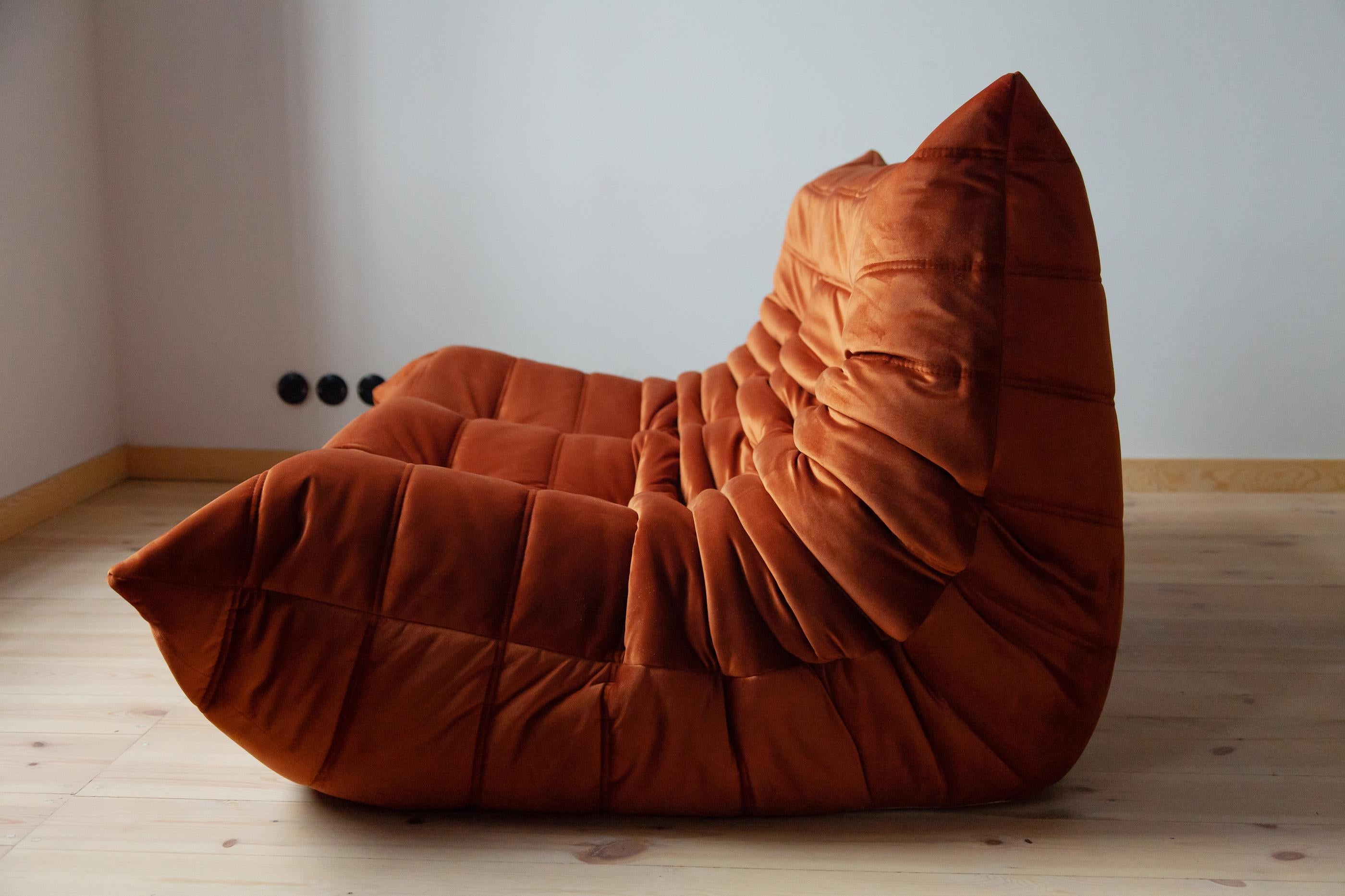 Mid-Century Modern Togo 2-Seat Sofa in Amber Velvet by Michel Ducaroy for Ligne Roset For Sale
