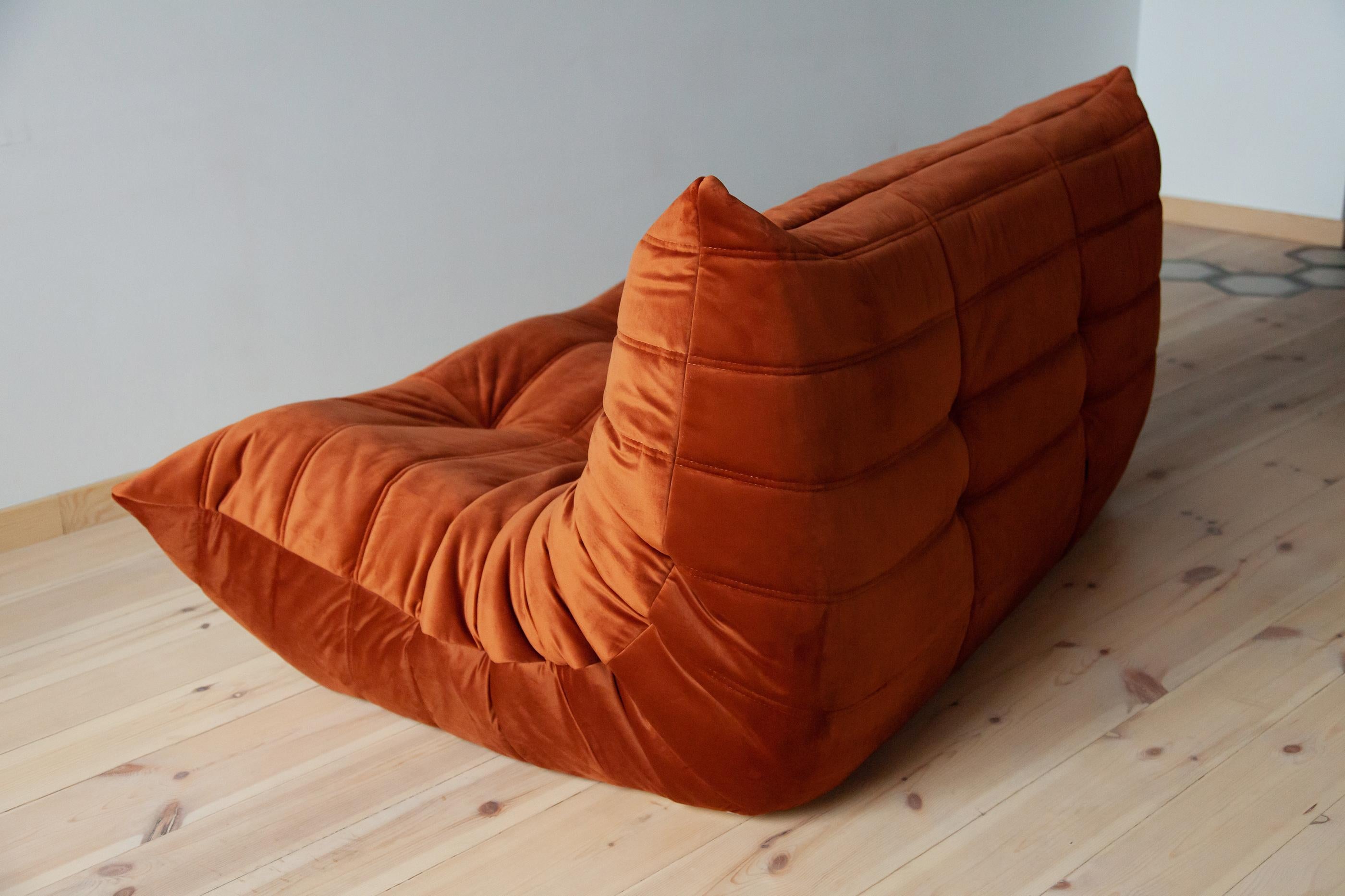 French Togo 2-Seat Sofa in Amber Velvet by Michel Ducaroy for Ligne Roset For Sale
