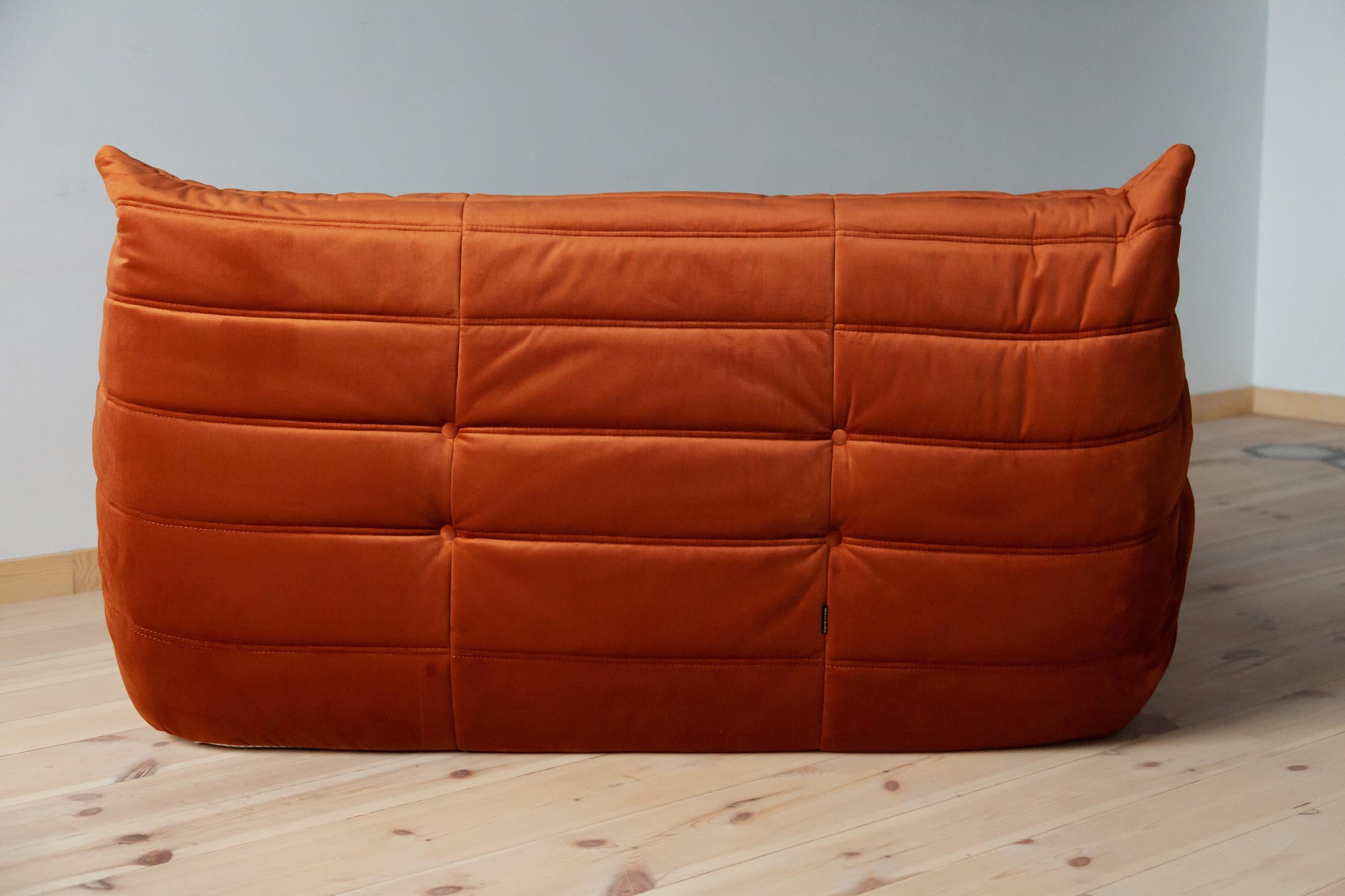 Fabric Togo 2-Seat Sofa in Amber Velvet by Michel Ducaroy for Ligne Roset For Sale