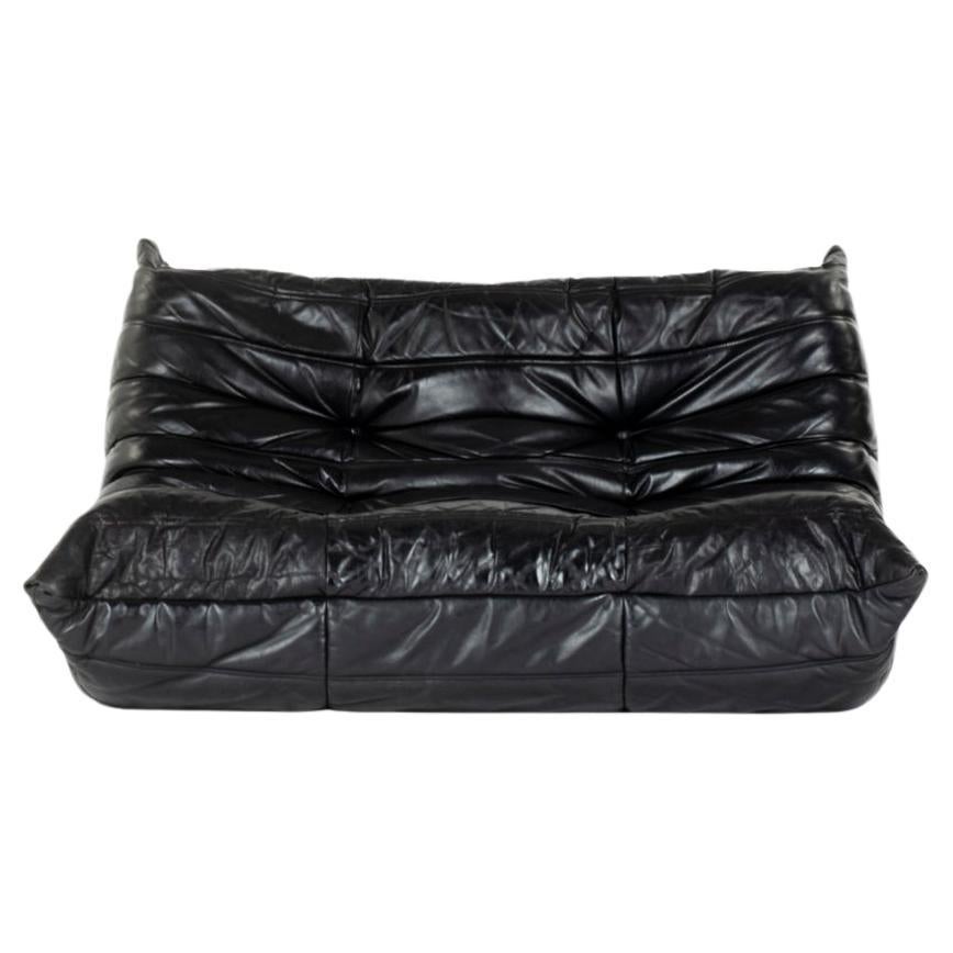 Togo 2-seat sofa in black leather by Michel Ducaroy for Ligne Roset 1970