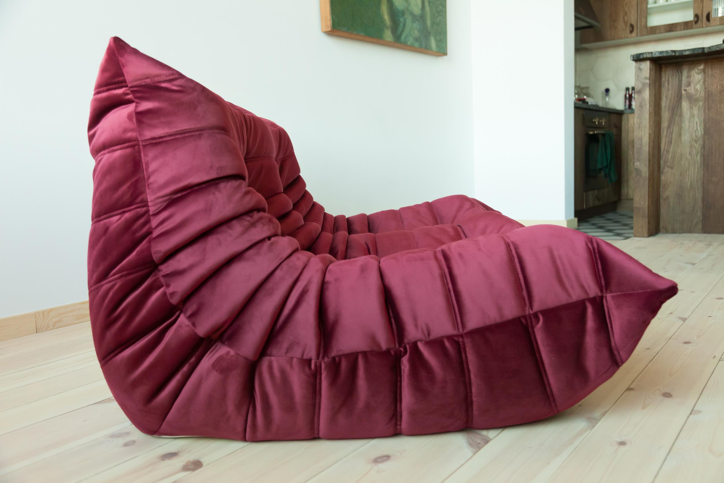 Togo 2-Seat Sofa in Burgundy Velvet by Michel Ducaroy for Ligne Roset For Sale 1