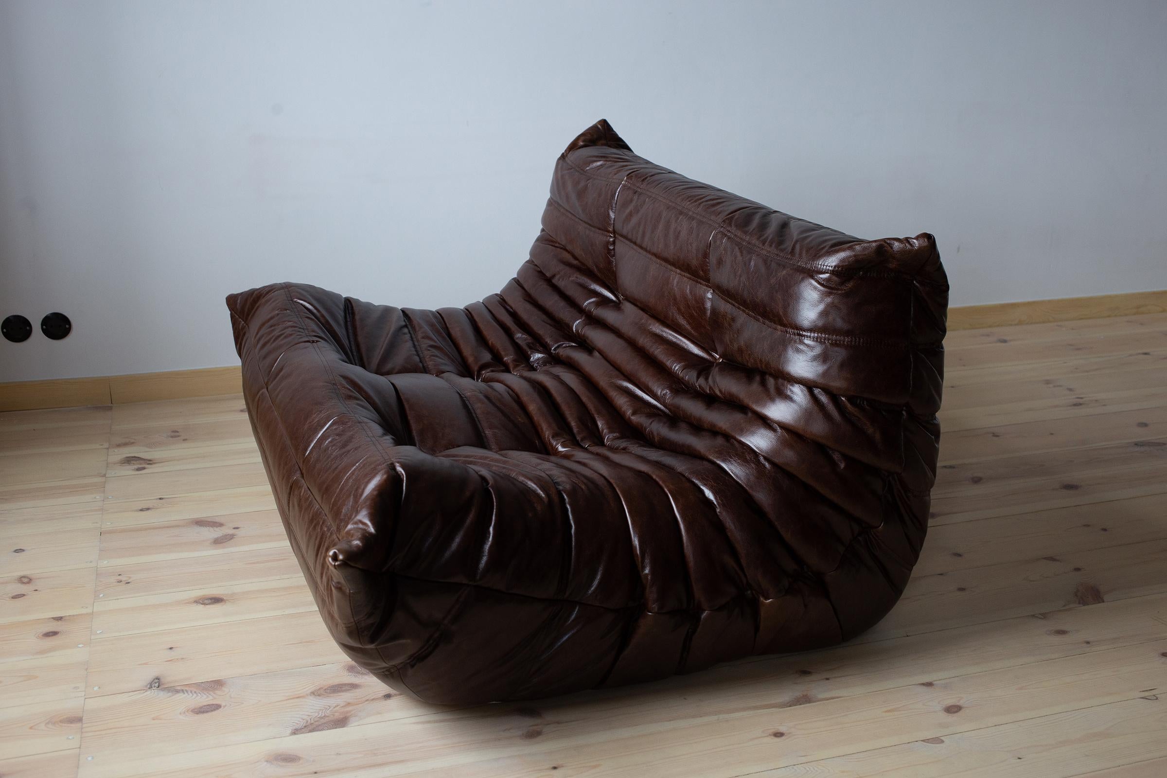 Togo 2-sitziges Sofa in Dubai Brown Leder von Michel Ducaroy für Ligne Roset (Moderne der Mitte des Jahrhunderts) im Angebot