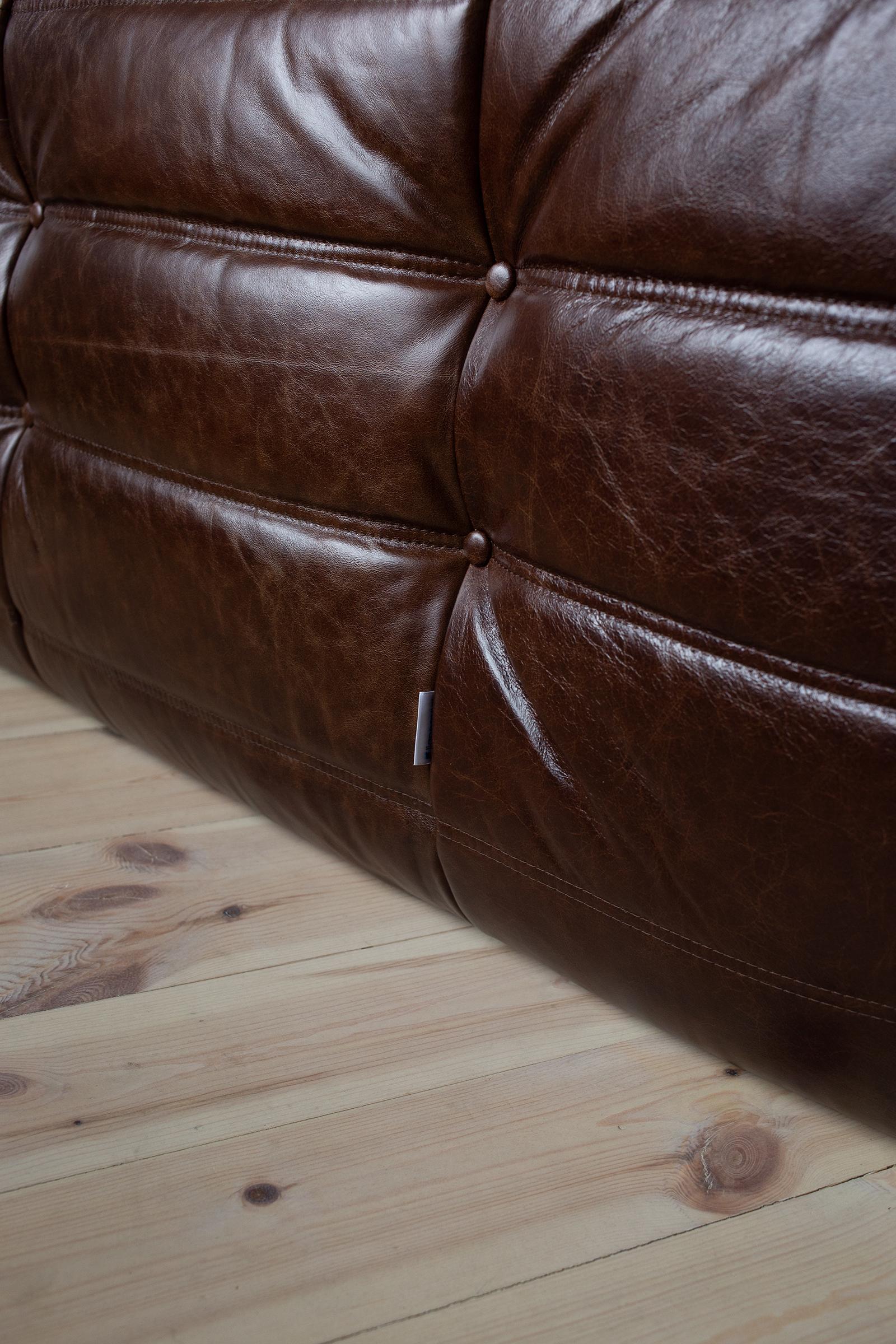 Togo 2-sitziges Sofa in Dubai Brown Leder von Michel Ducaroy für Ligne Roset (Ende des 20. Jahrhunderts) im Angebot