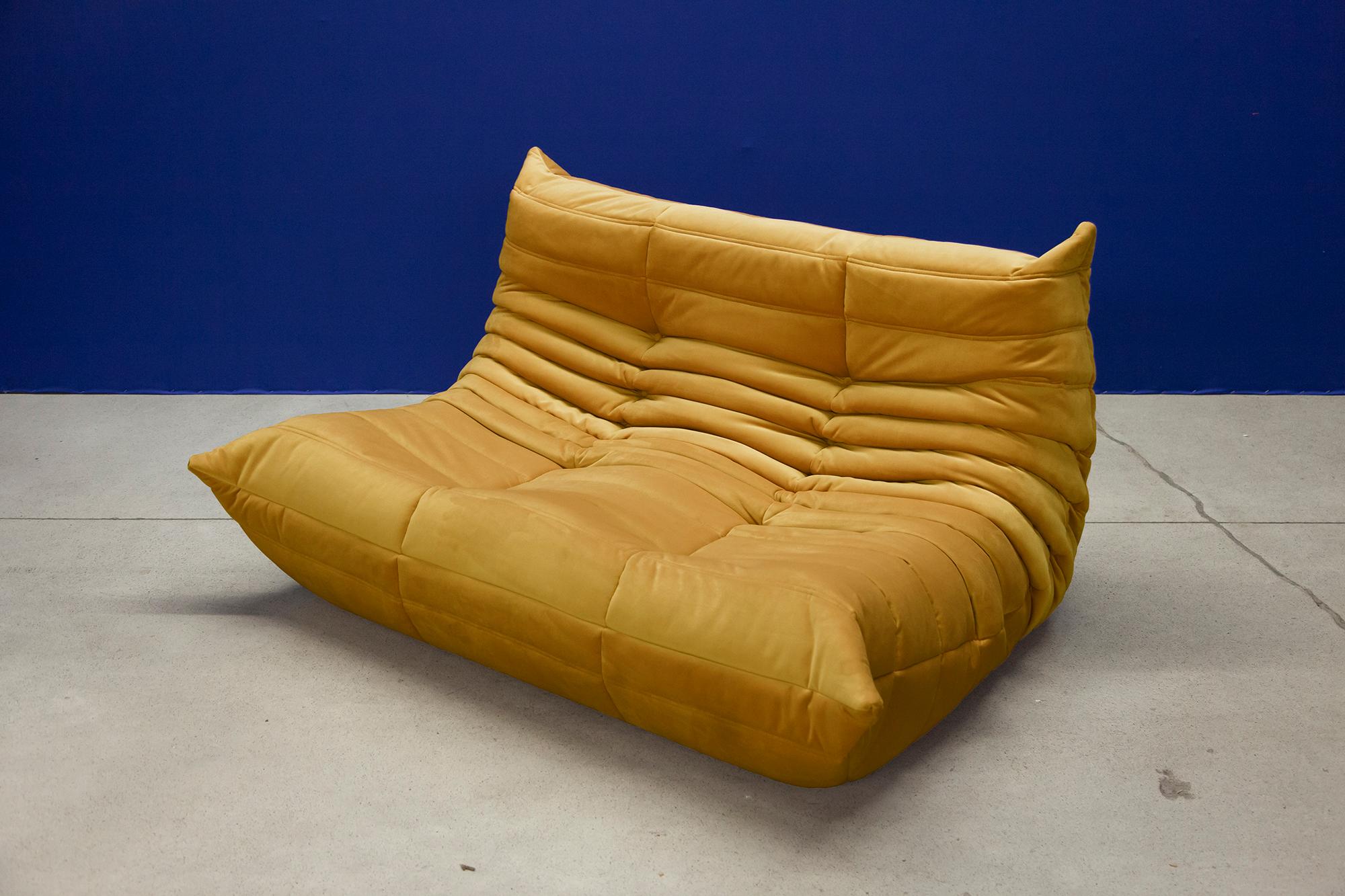 Late 20th Century Togo 2-Seat Sofa in Golden Yellow Velvet by Michel Ducaroy for Ligne Roset For Sale
