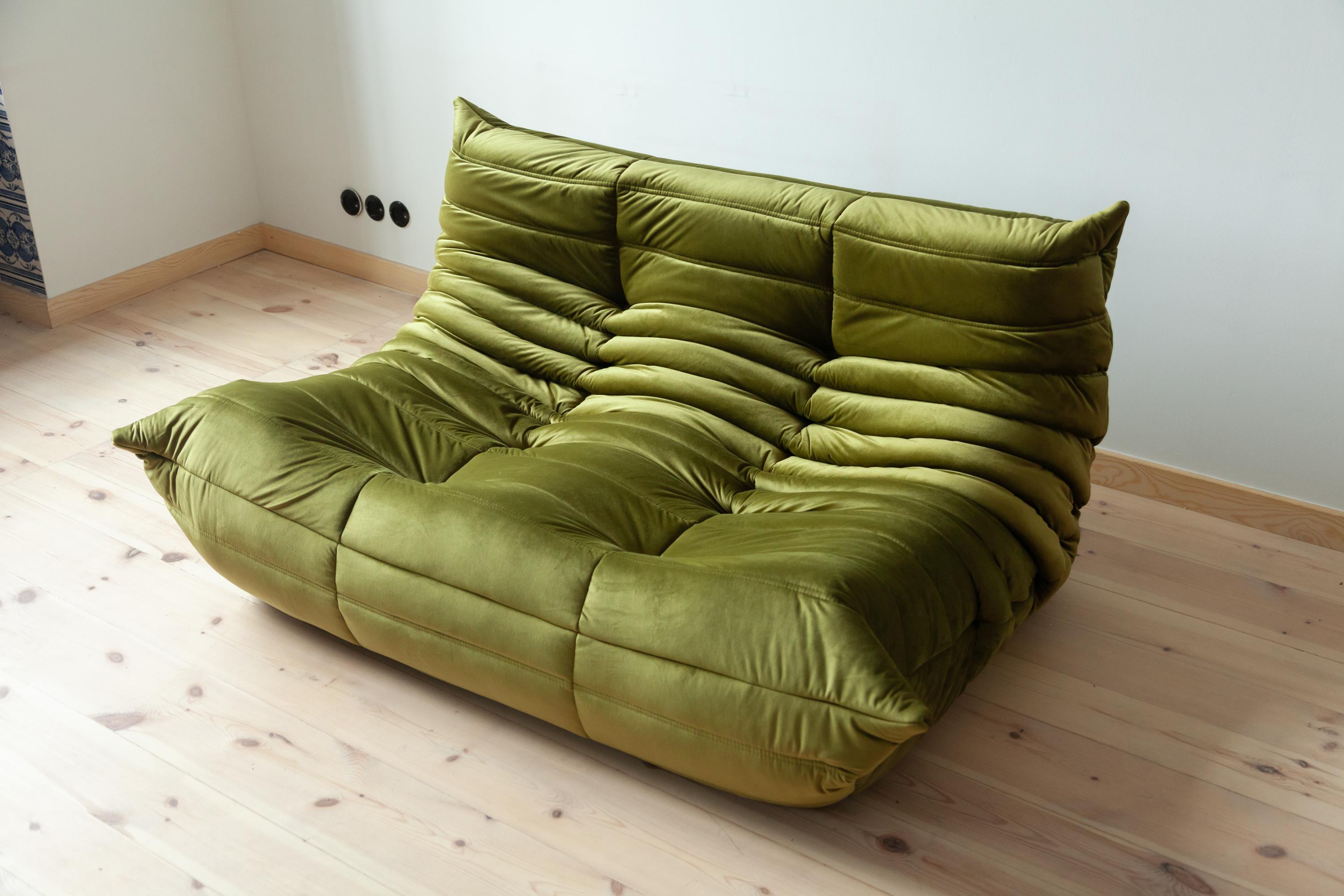 Togo 2-Seat Sofa in Green Velvet by Michel Ducaroy for Ligne Roset For Sale 4
