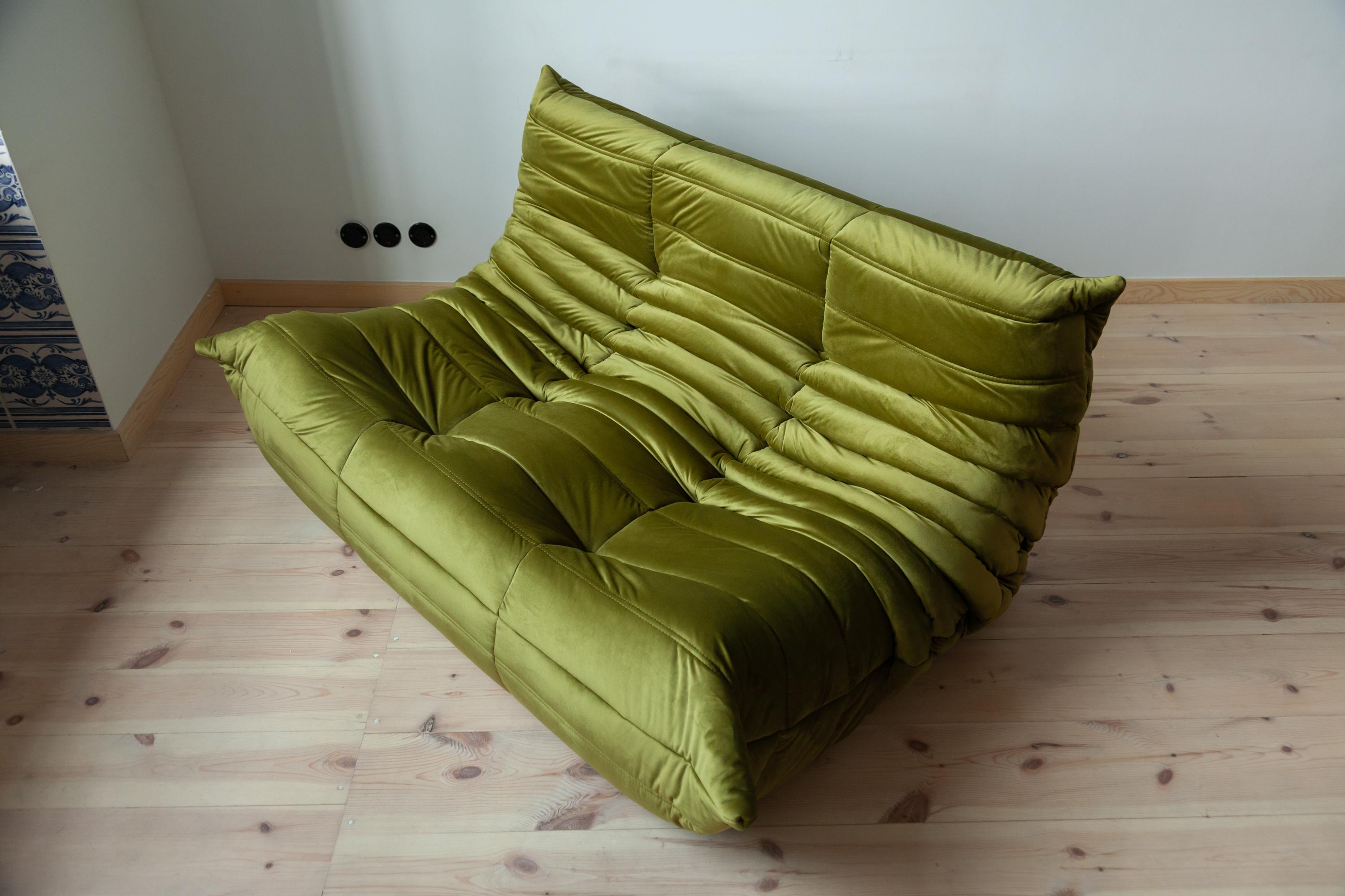 Mid-Century Modern Togo 2-Seat Sofa in Green Velvet by Michel Ducaroy for Ligne Roset For Sale