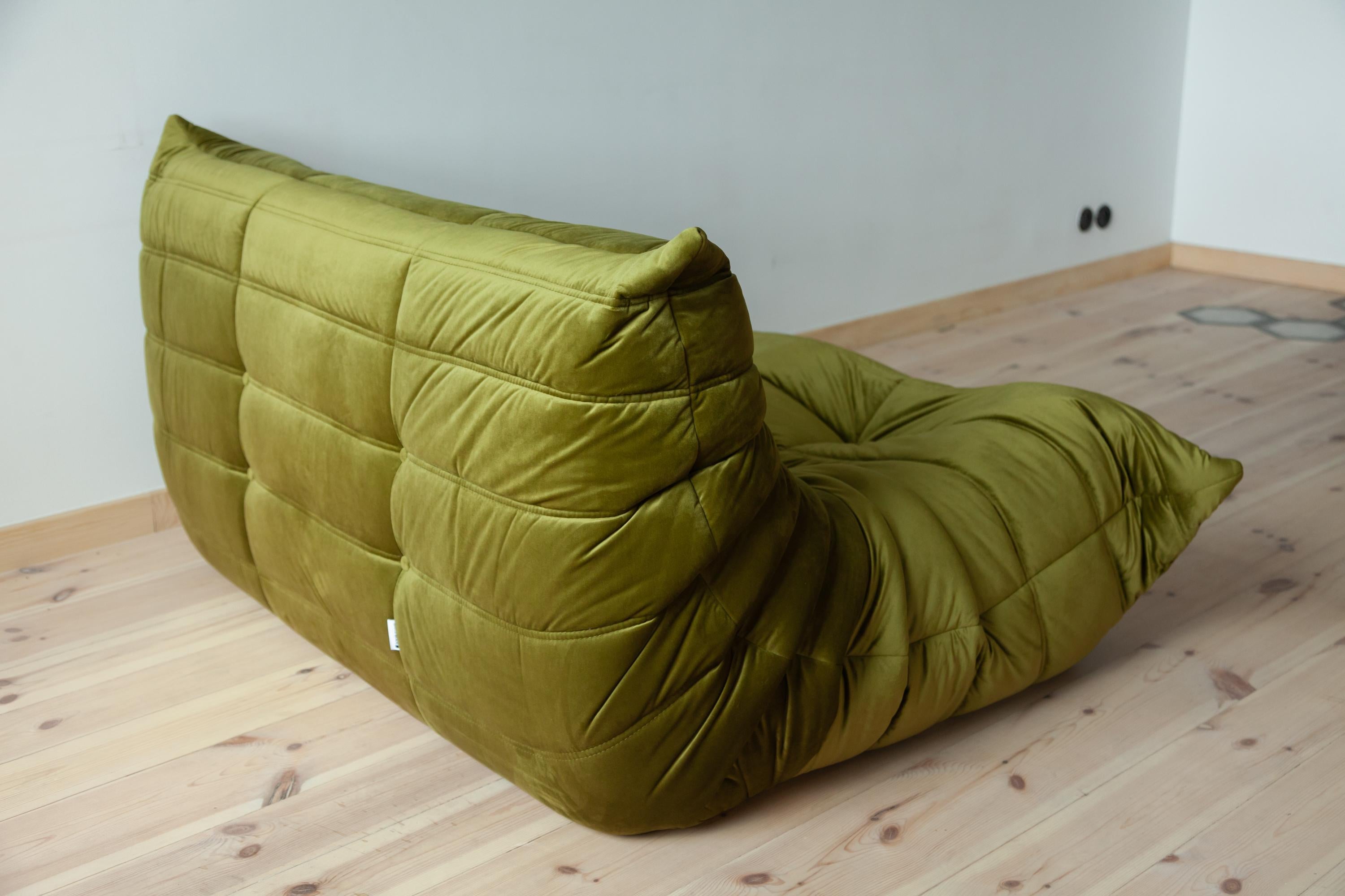 Togo 2-Seat Sofa in Green Velvet by Michel Ducaroy for Ligne Roset For Sale 1