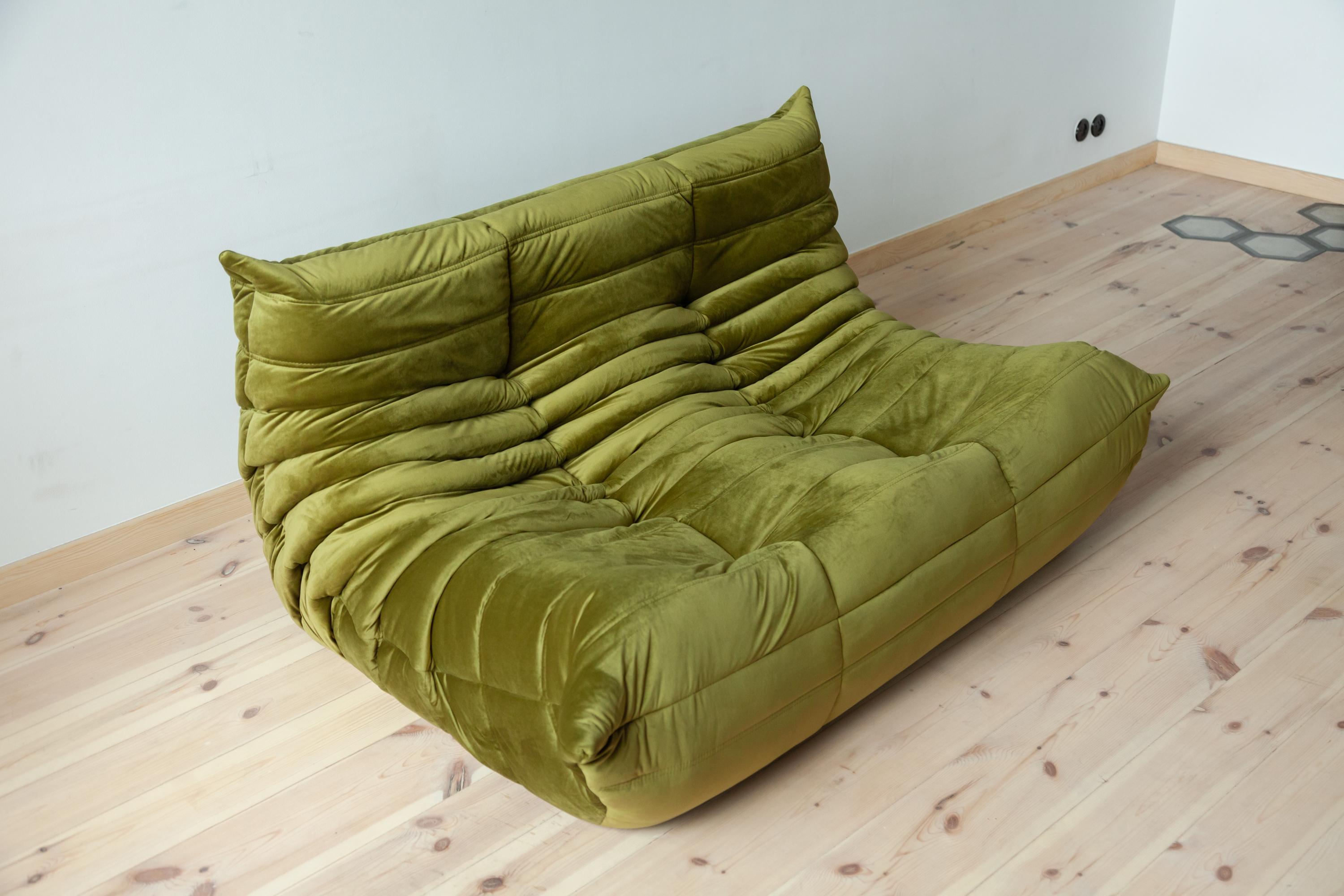 Togo 2-Seat Sofa in Green Velvet by Michel Ducaroy for Ligne Roset For Sale 3