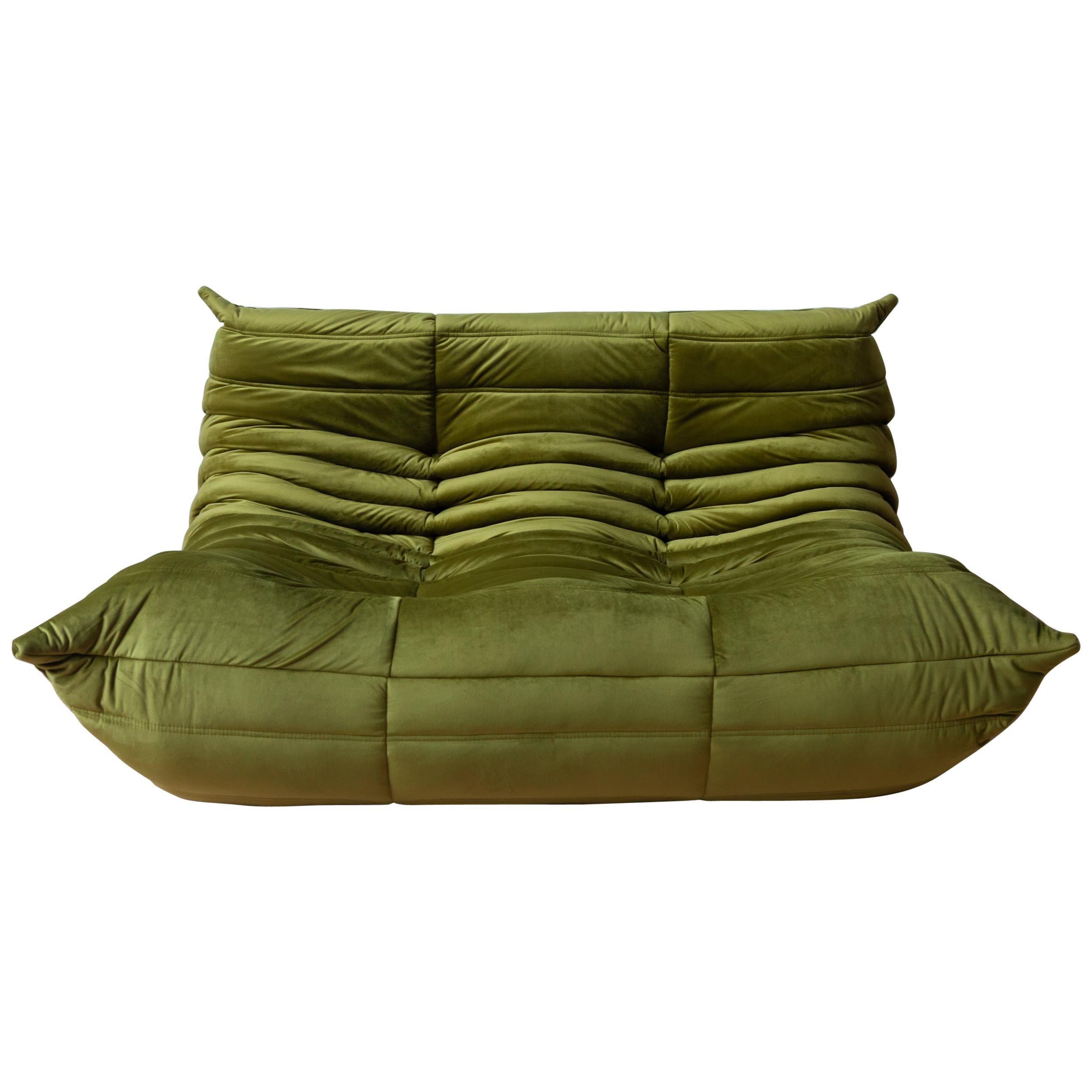 Togo 2-Seat Sofa in Green Velvet by Michel Ducaroy for Ligne Roset For Sale