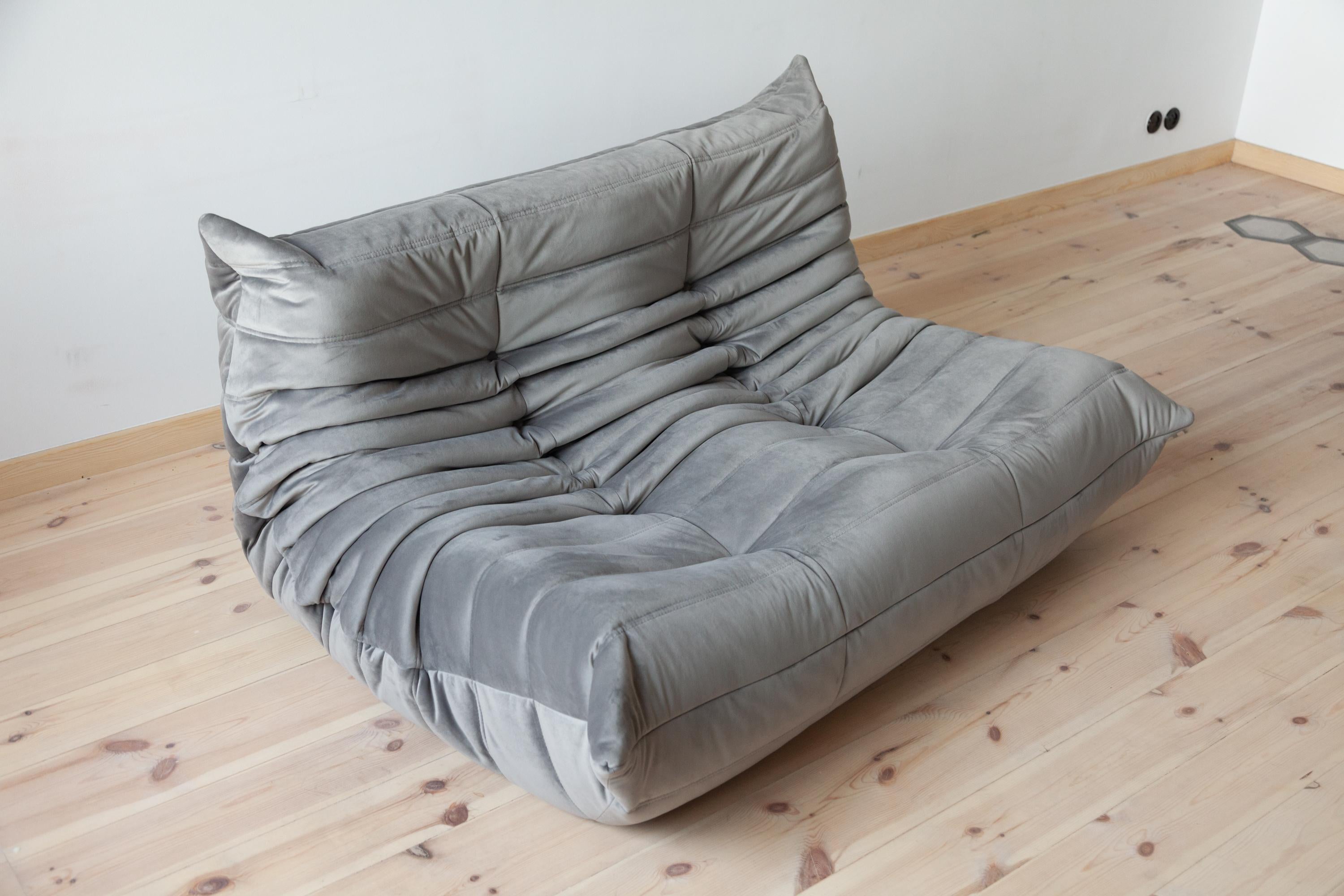 Togo 2-Seat Sofa in Grey Velvet by Michel Ducaroy for Ligne Roset For Sale 2