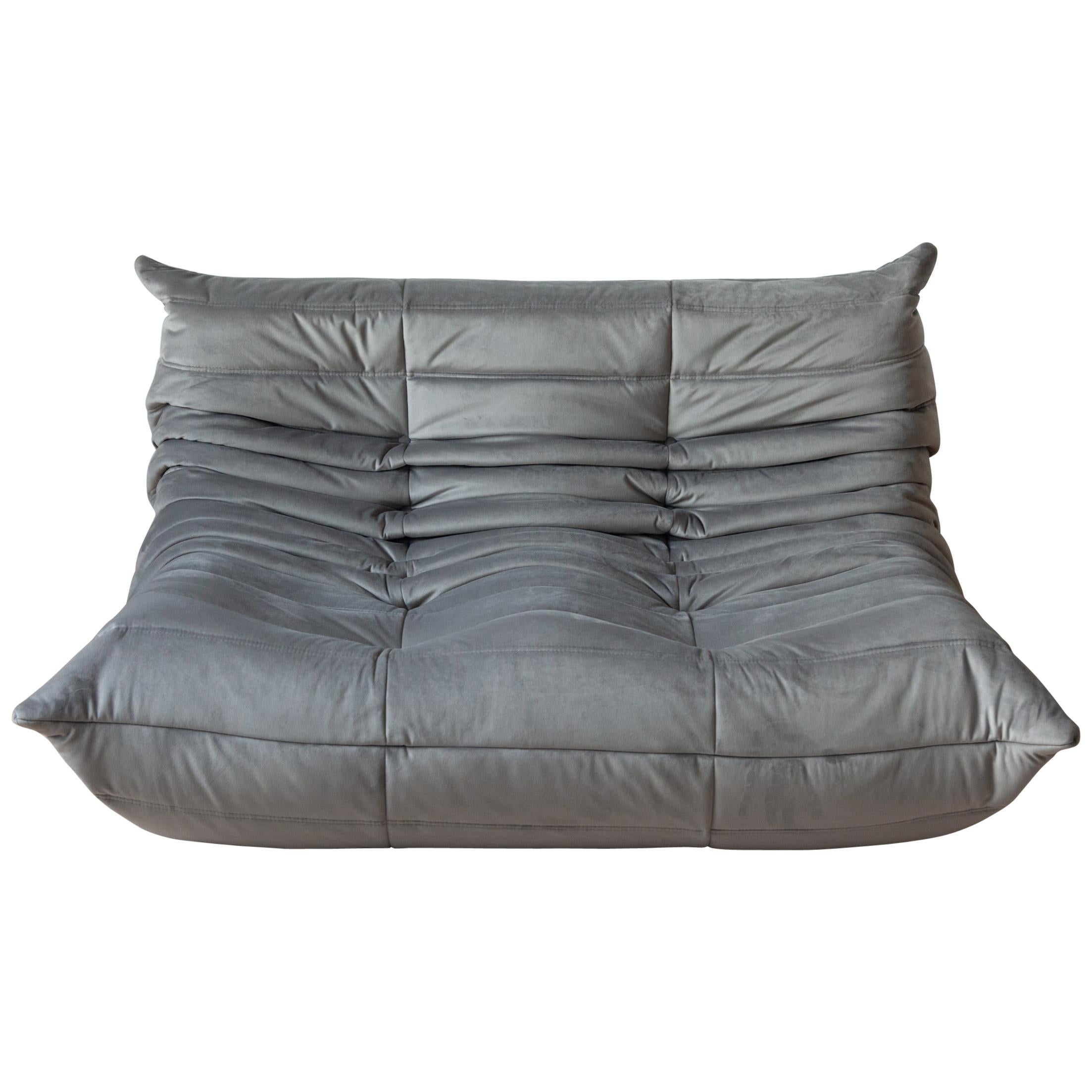 Togo 2-Seat Sofa in Grey Velvet by Michel Ducaroy for Ligne Roset For Sale