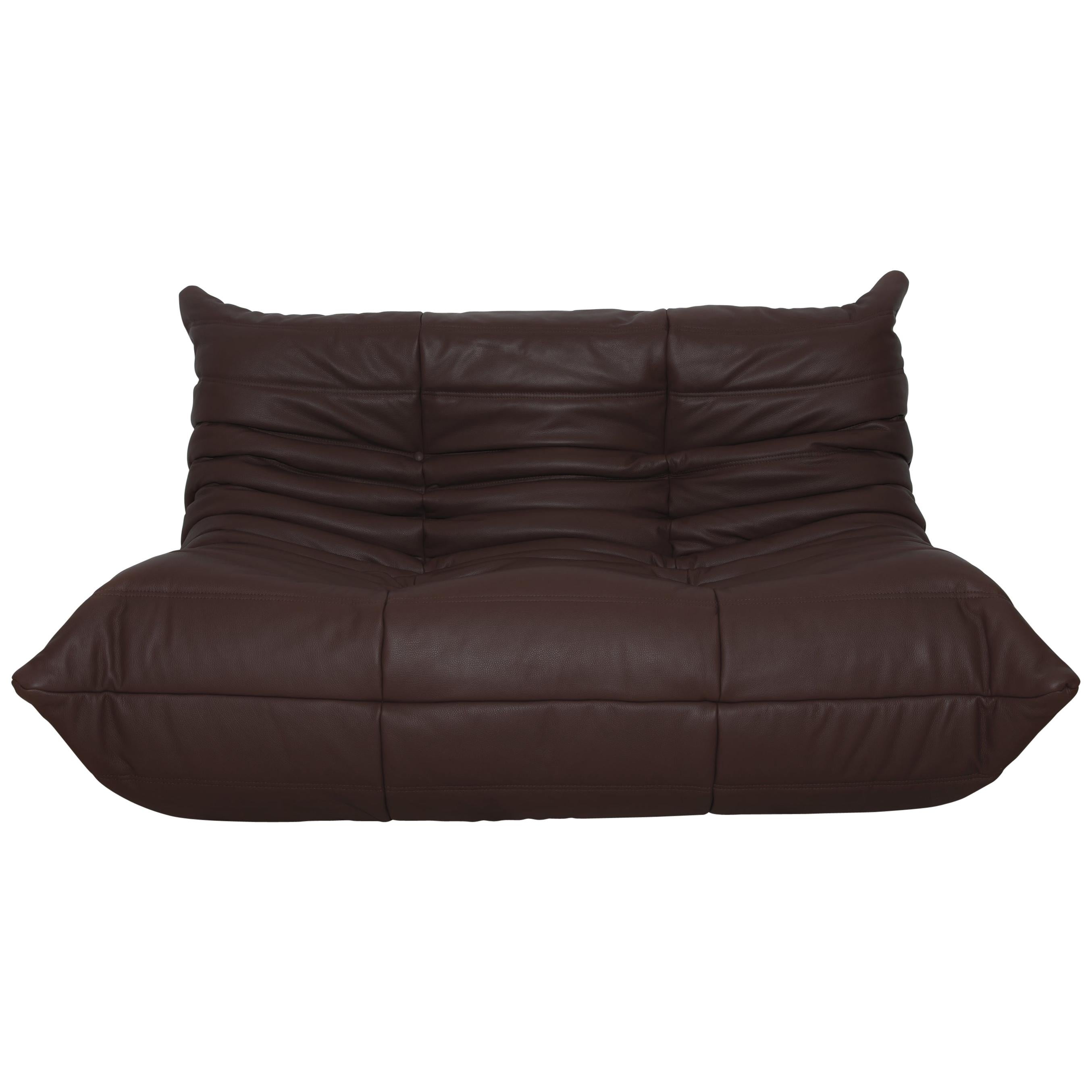 Togo 2-Seat Sofa in Madras Brown Leather by Michel Ducaroy for Ligne Roset For Sale
