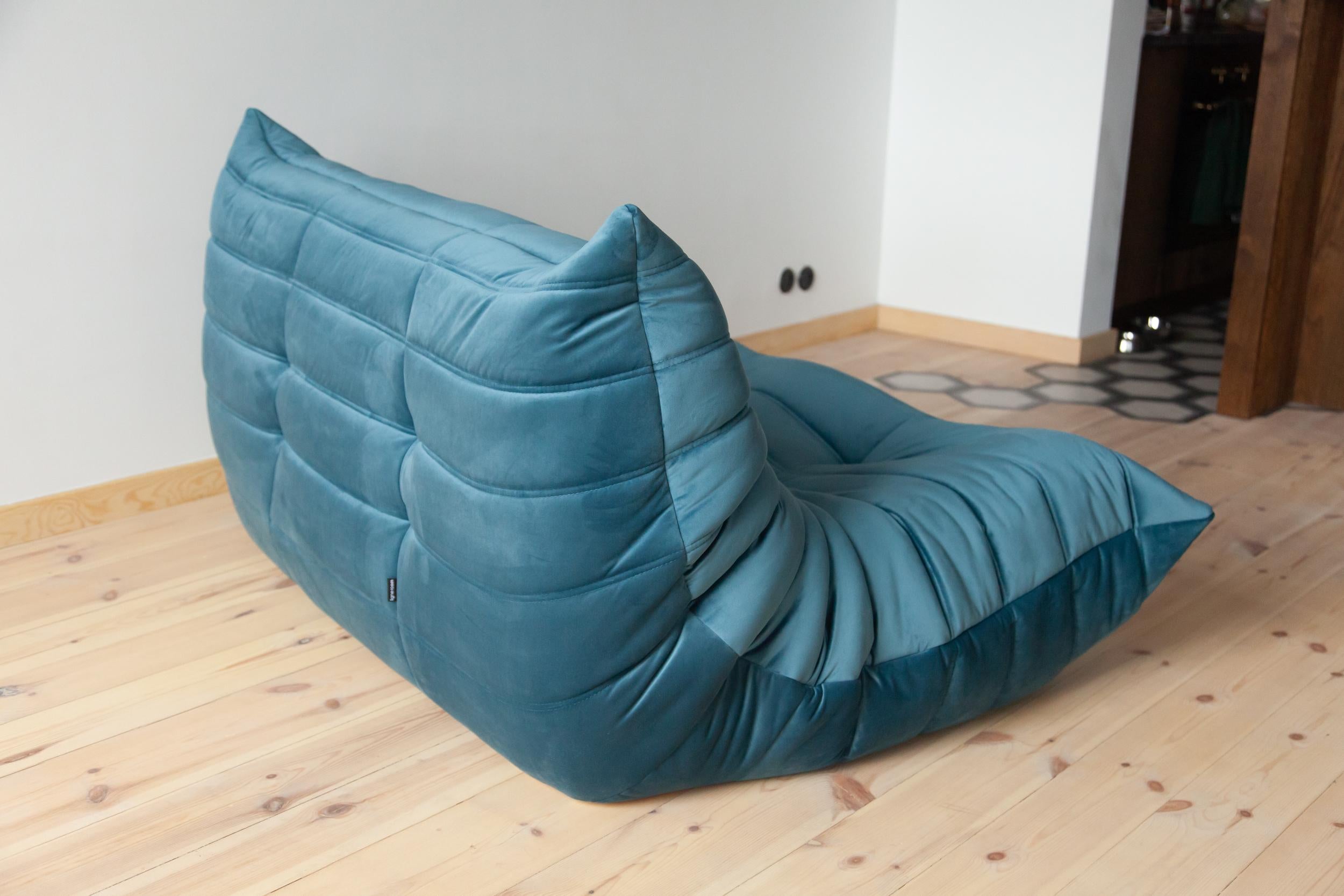 Fabric Togo 2-Seat Sofa in Sea Blue Velvet by Michel Ducaroy for Ligne Roset For Sale