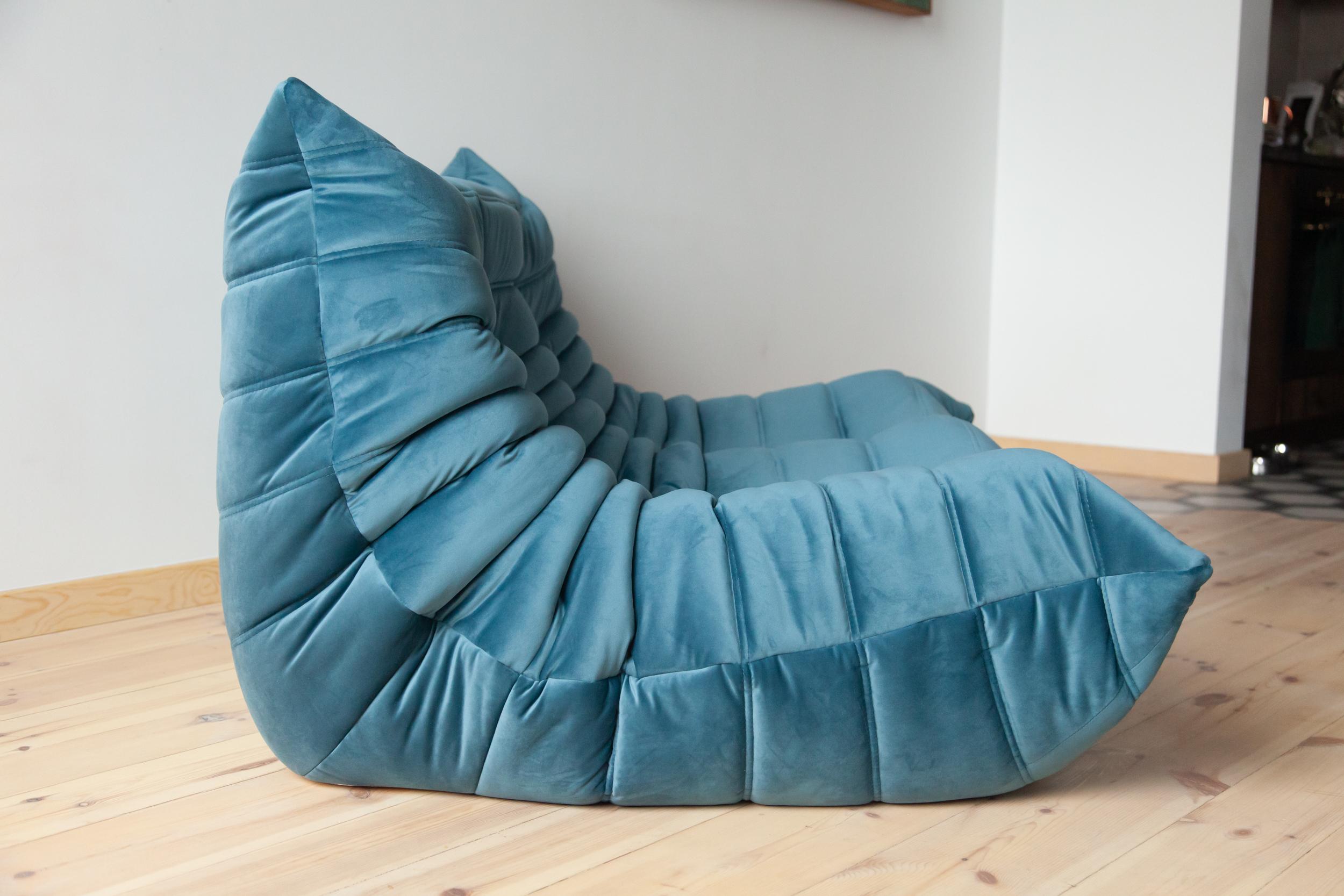 Togo 2-Seat Sofa in Sea Blue Velvet by Michel Ducaroy for Ligne Roset For Sale 1