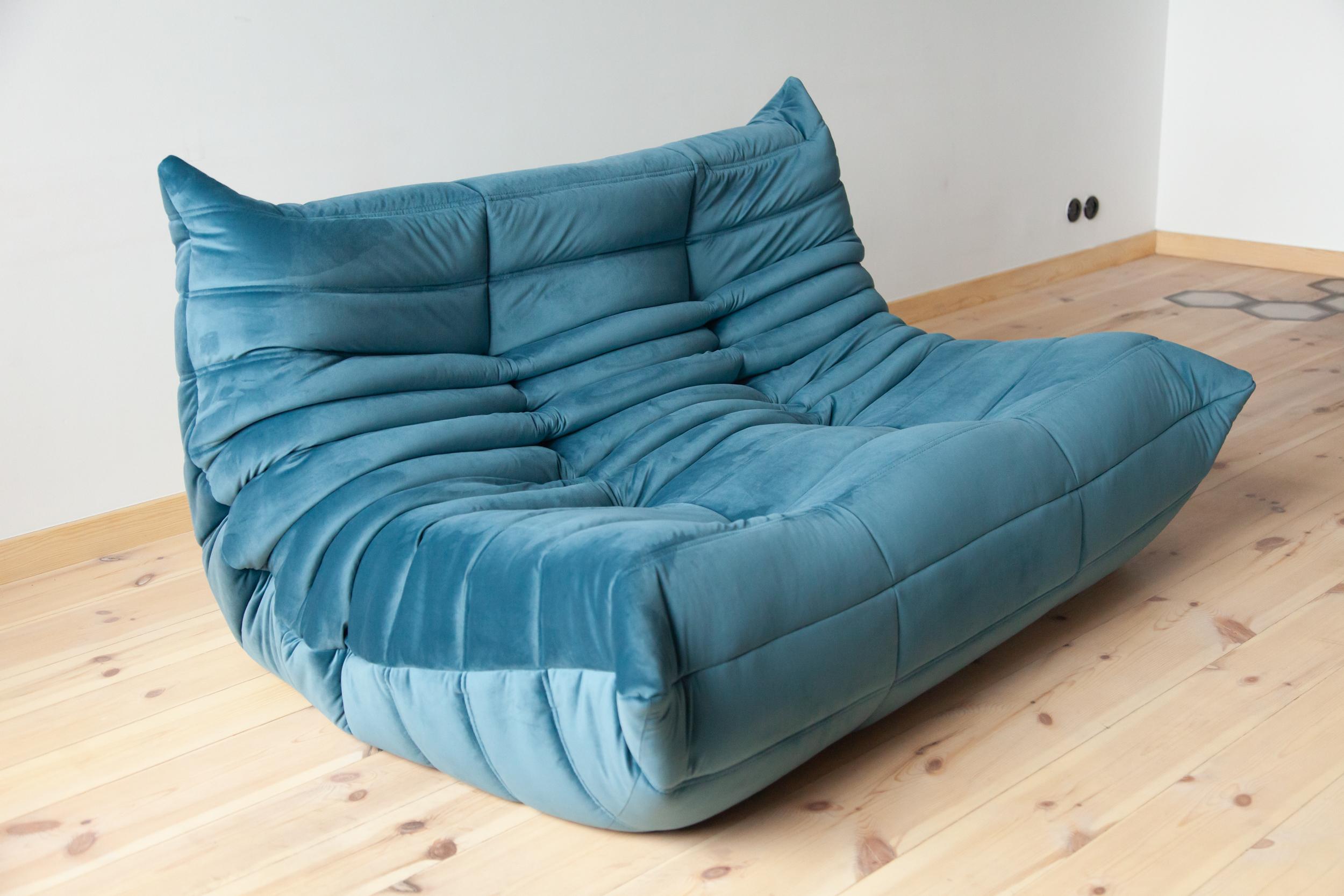 Togo 2-Seat Sofa in Sea Blue Velvet by Michel Ducaroy for Ligne Roset For Sale 2