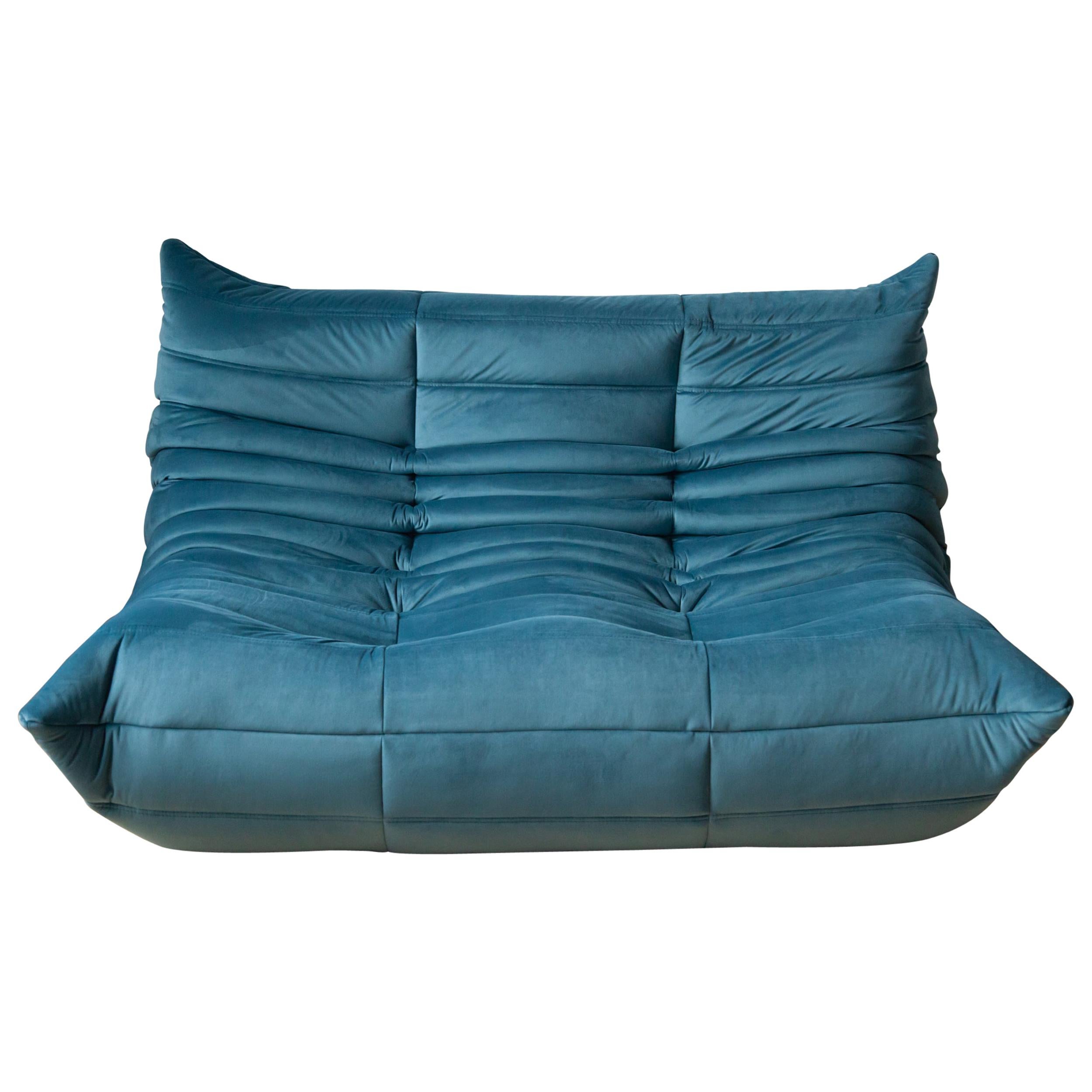Togo 2-Seat Sofa in Sea Blue Velvet by Michel Ducaroy for Ligne Roset For Sale