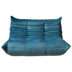 Togo 2-Seat Sofa in Sea Blue Velvet by Michel Ducaroy for Ligne Roset