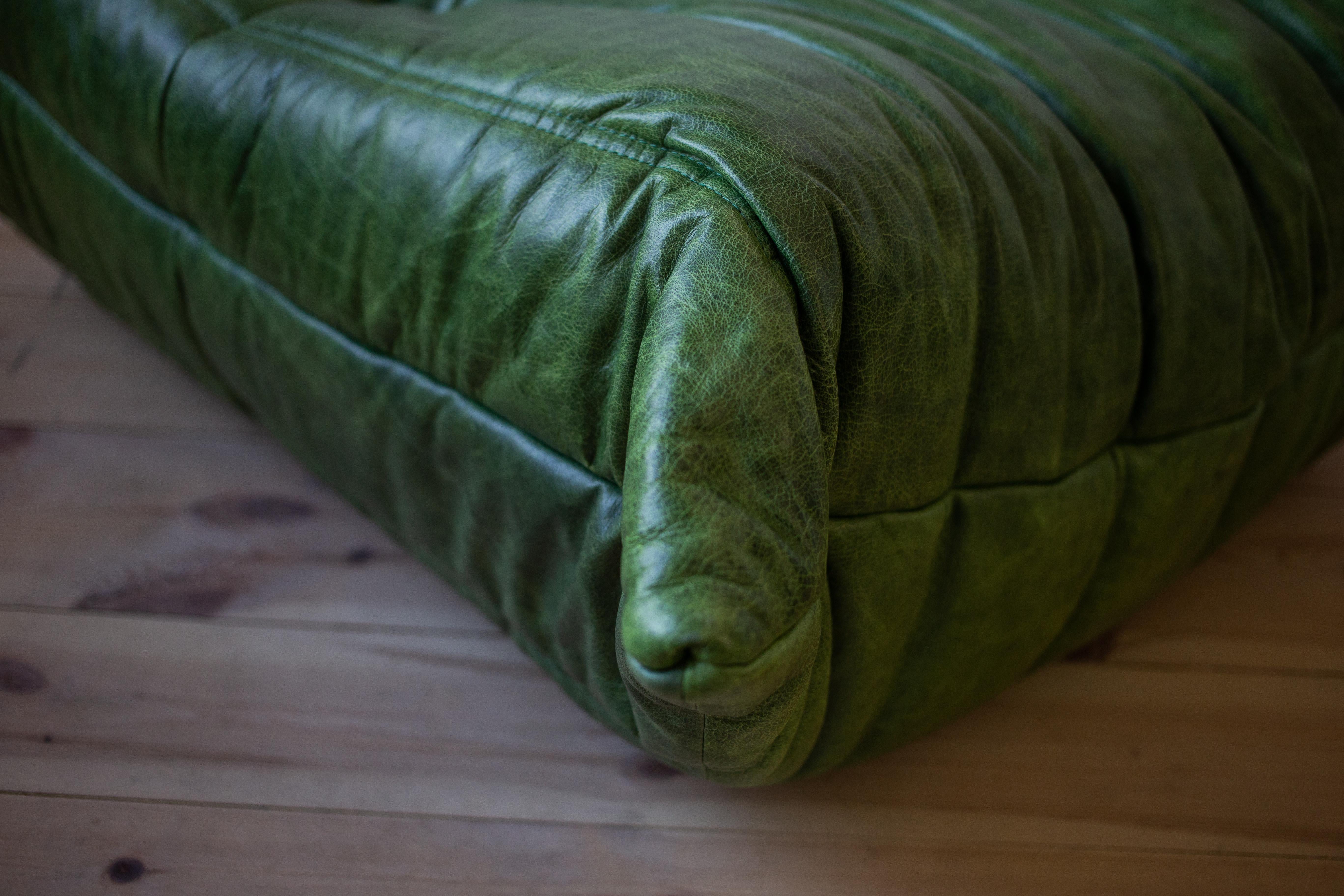 Velvet Togo 3-Seat Sofa by Michel Ducaroy for Ligne Roset, Dubai Green Leather For Sale